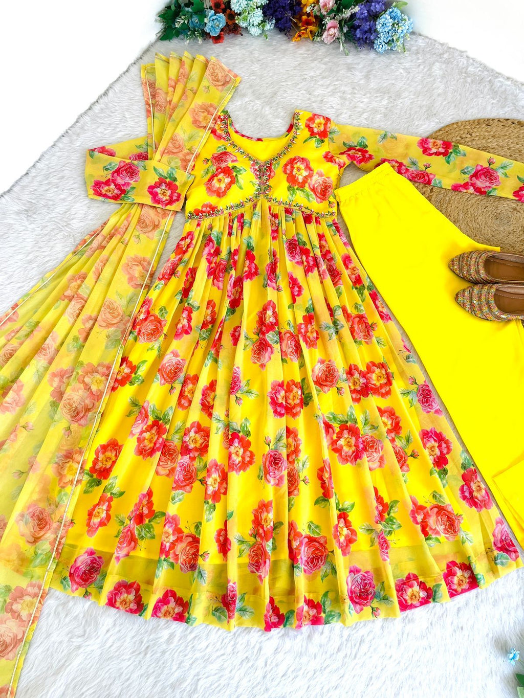 Spellbinding Yellow Faux Georgette Floral Handworked Anarkali Pant Suit - Ethnicwish