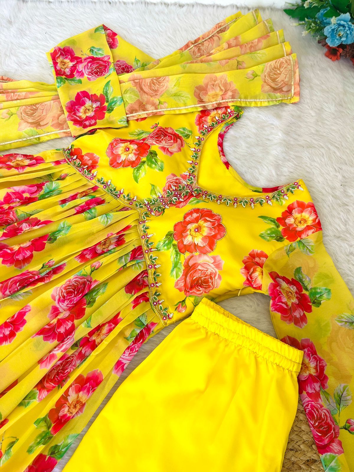 Spellbinding Yellow Faux Georgette Floral Handworked Anarkali Pant Suit - Ethnicwish