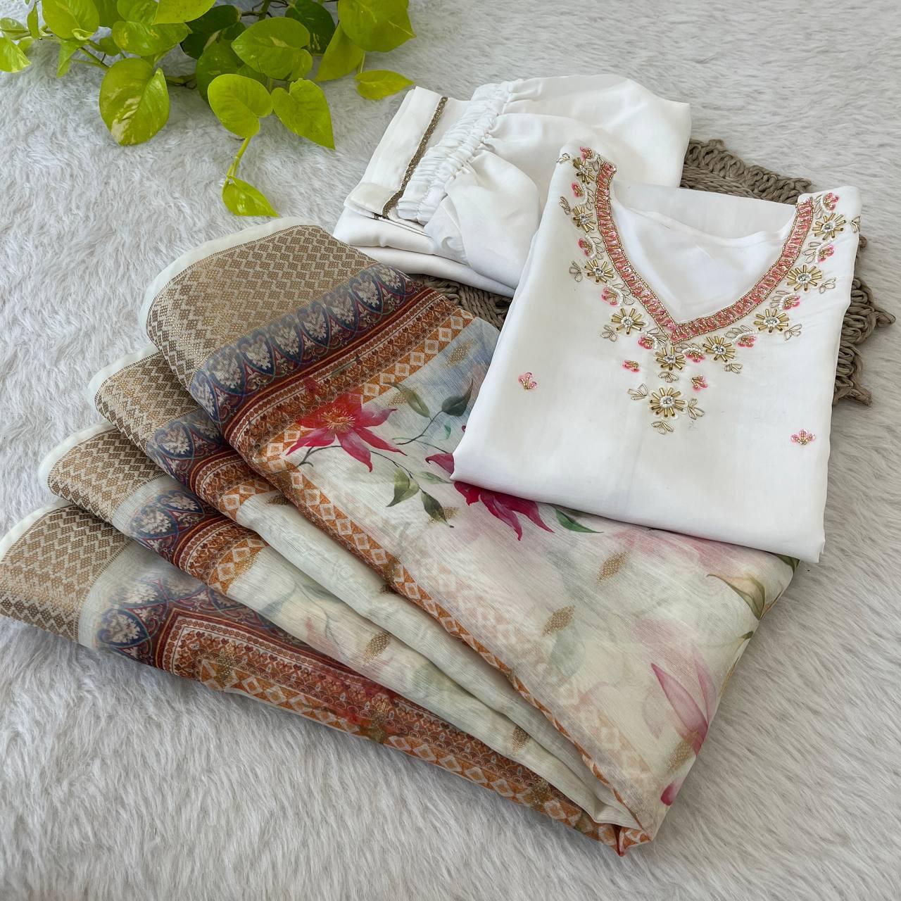 Splendid White Roman Silk Handcrafted Anarkali Pant Suit - Ethnicwish