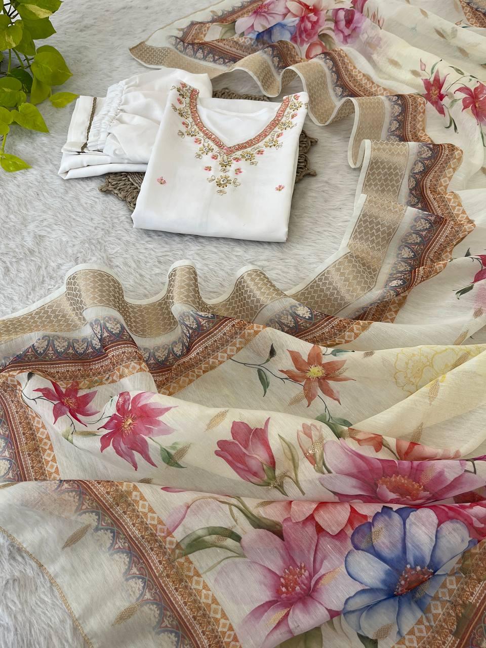 Splendid White Roman Silk Handcrafted Anarkali Pant Suit - Ethnicwish