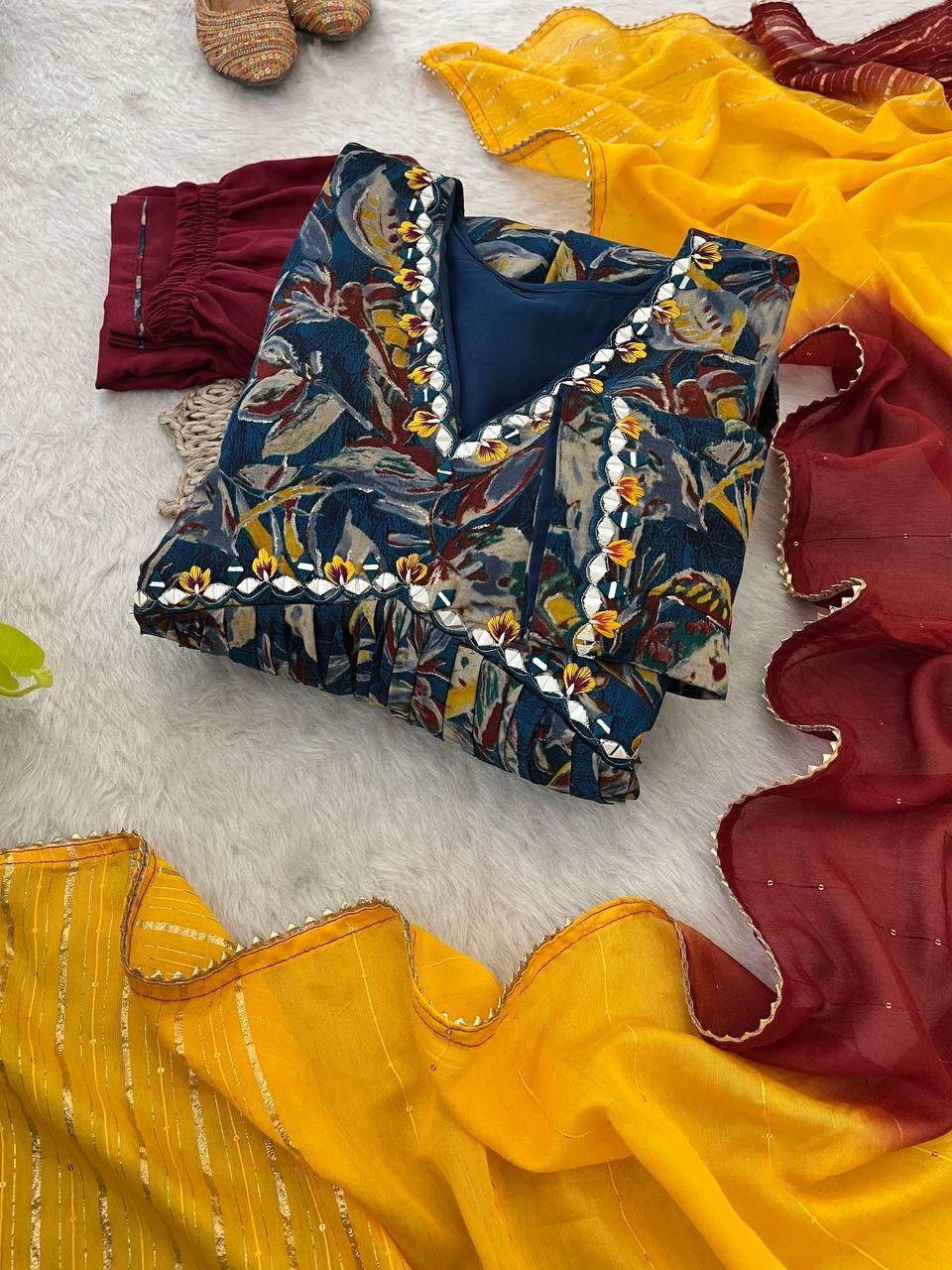 Stunning Pure Viscous Chanderi Handworked Anarkali Pant Suit - Ethnicwish