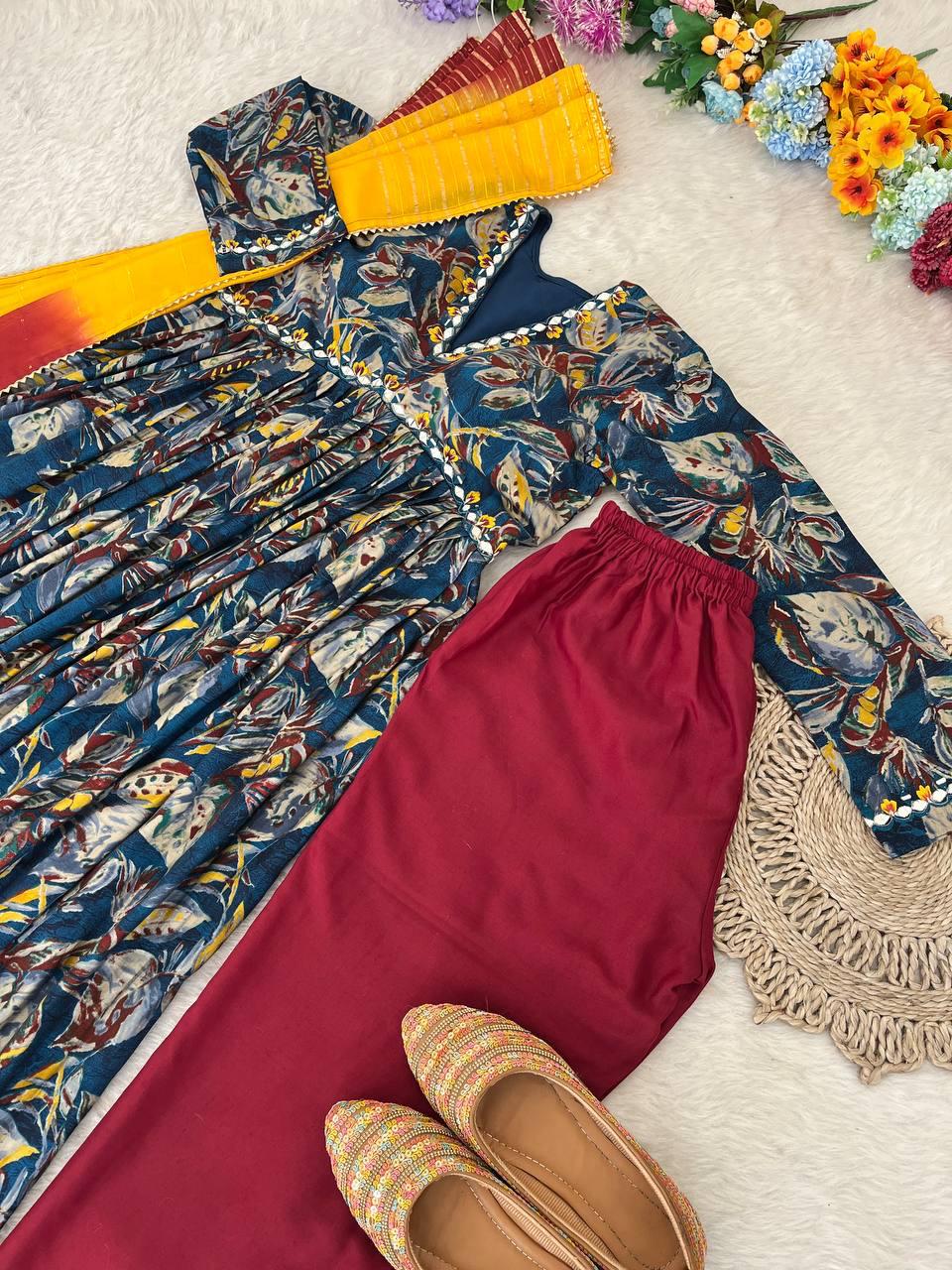 Stunning Pure Viscous Chanderi Handworked Anarkali Pant Suit - Ethnicwish