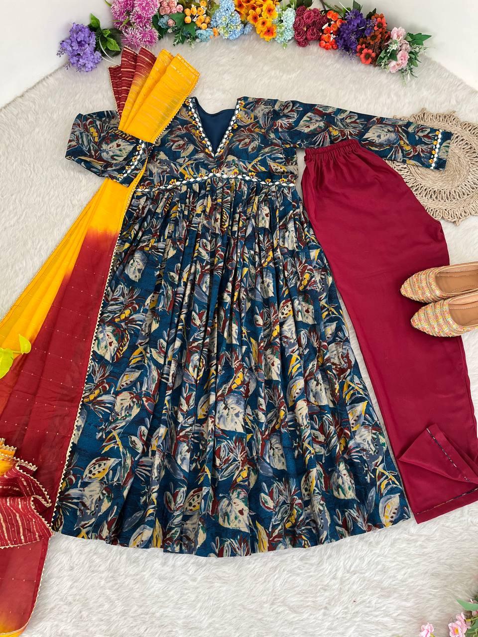 Stunning Pure Viscous Chanderi Handworked Anarkali Pant Suit - Ethnicwish