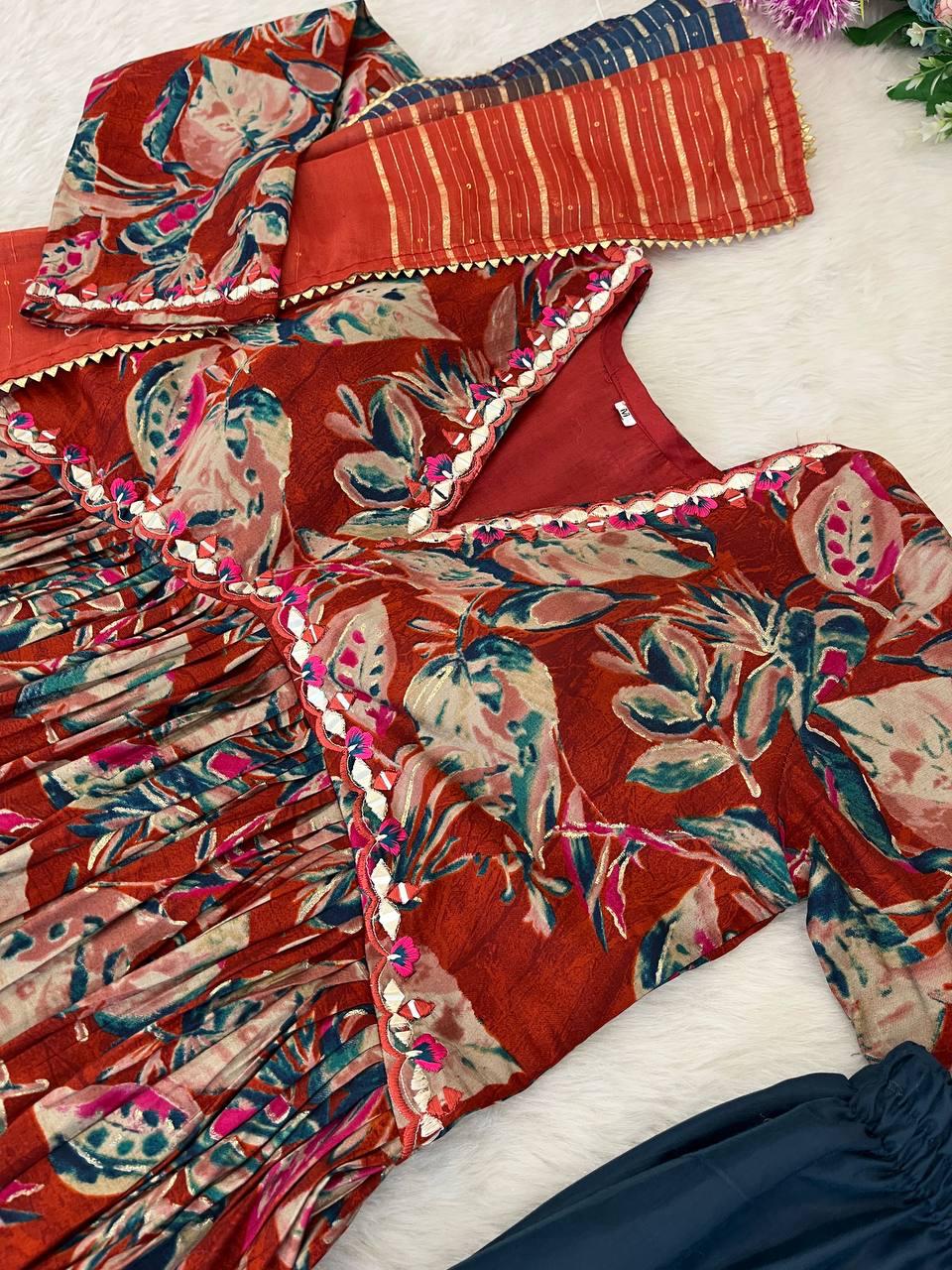 Stunning Pure Viscous Chanderi Handworked Anarkali Pant Suit - Ethnicwish