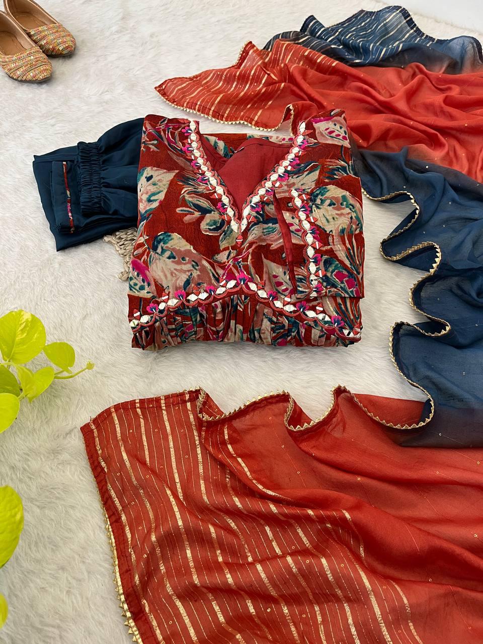 Stunning Pure Viscous Chanderi Handworked Anarkali Pant Suit - Ethnicwish