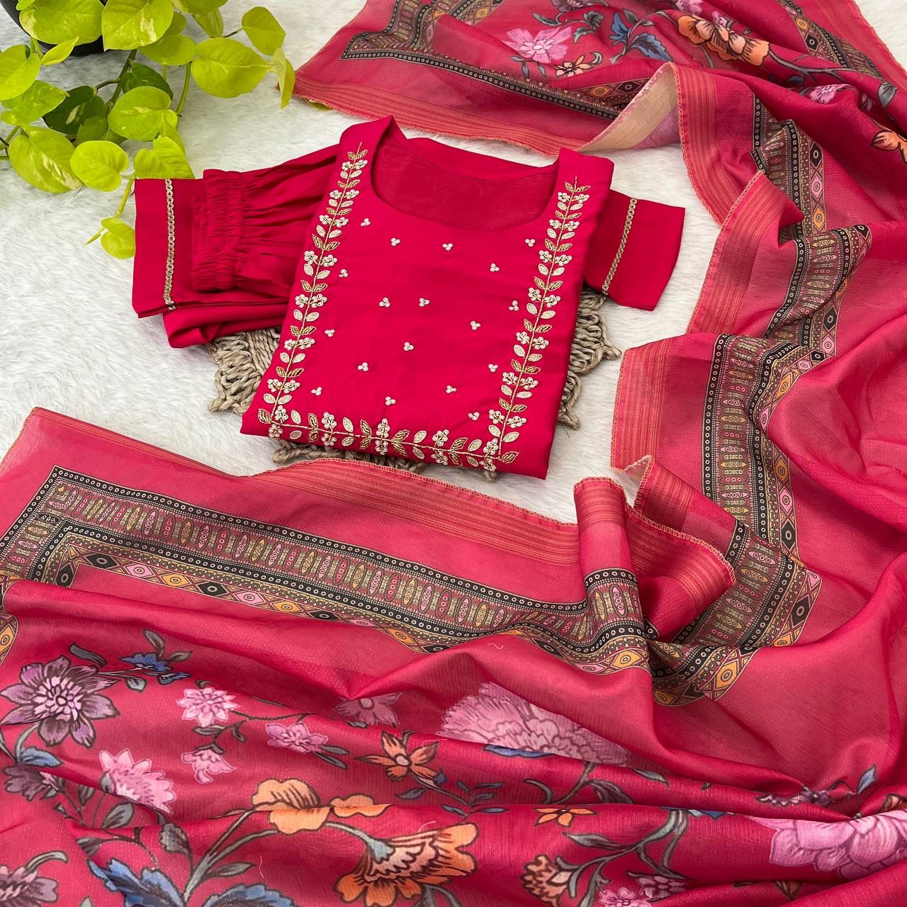 Graceful Roman Silk Handworked Anarkali Pant Suit With Dupatta - Ethnicwish