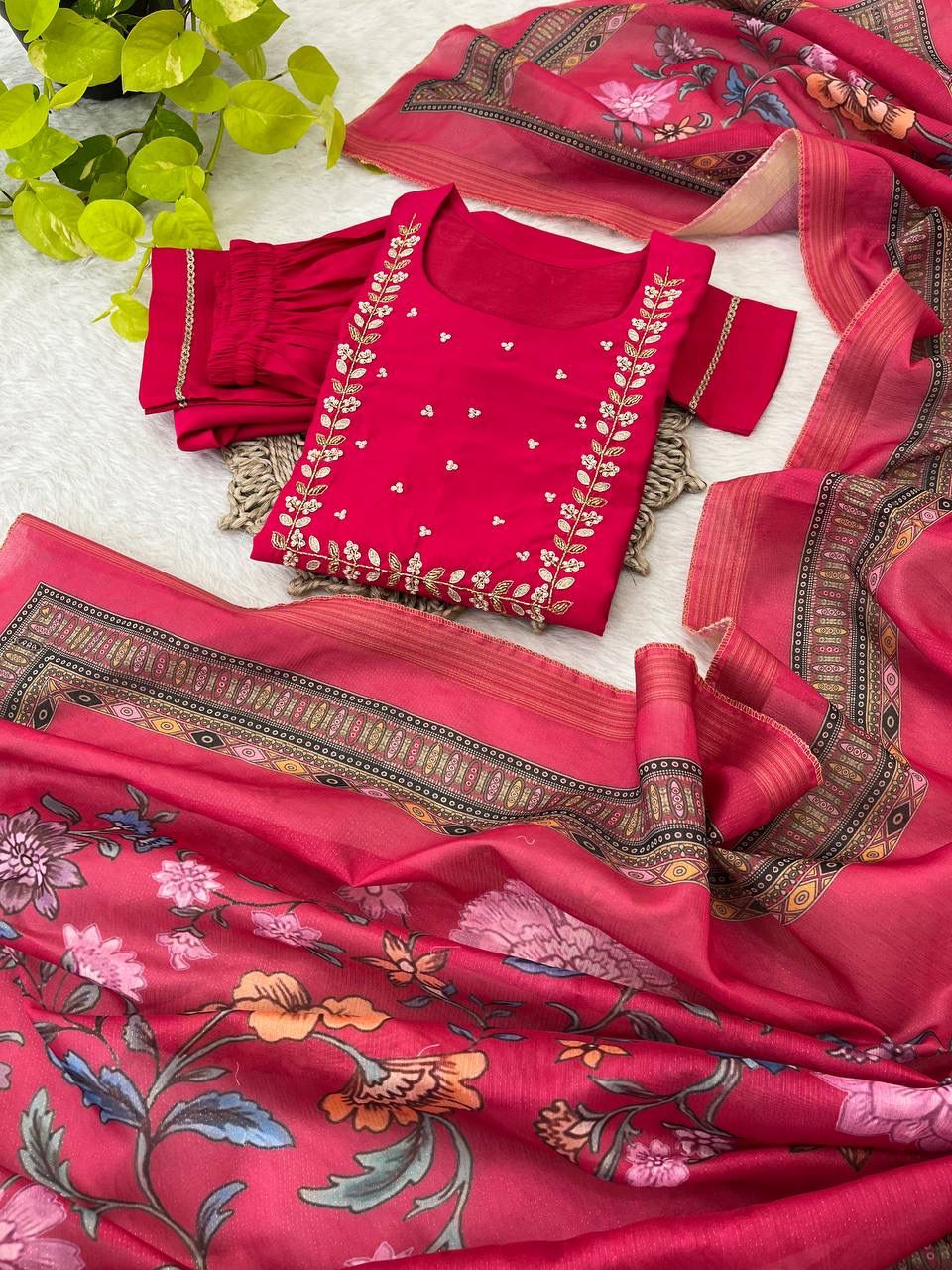 Graceful Roman Silk Handworked Anarkali Pant Suit With Dupatta - Ethnicwish