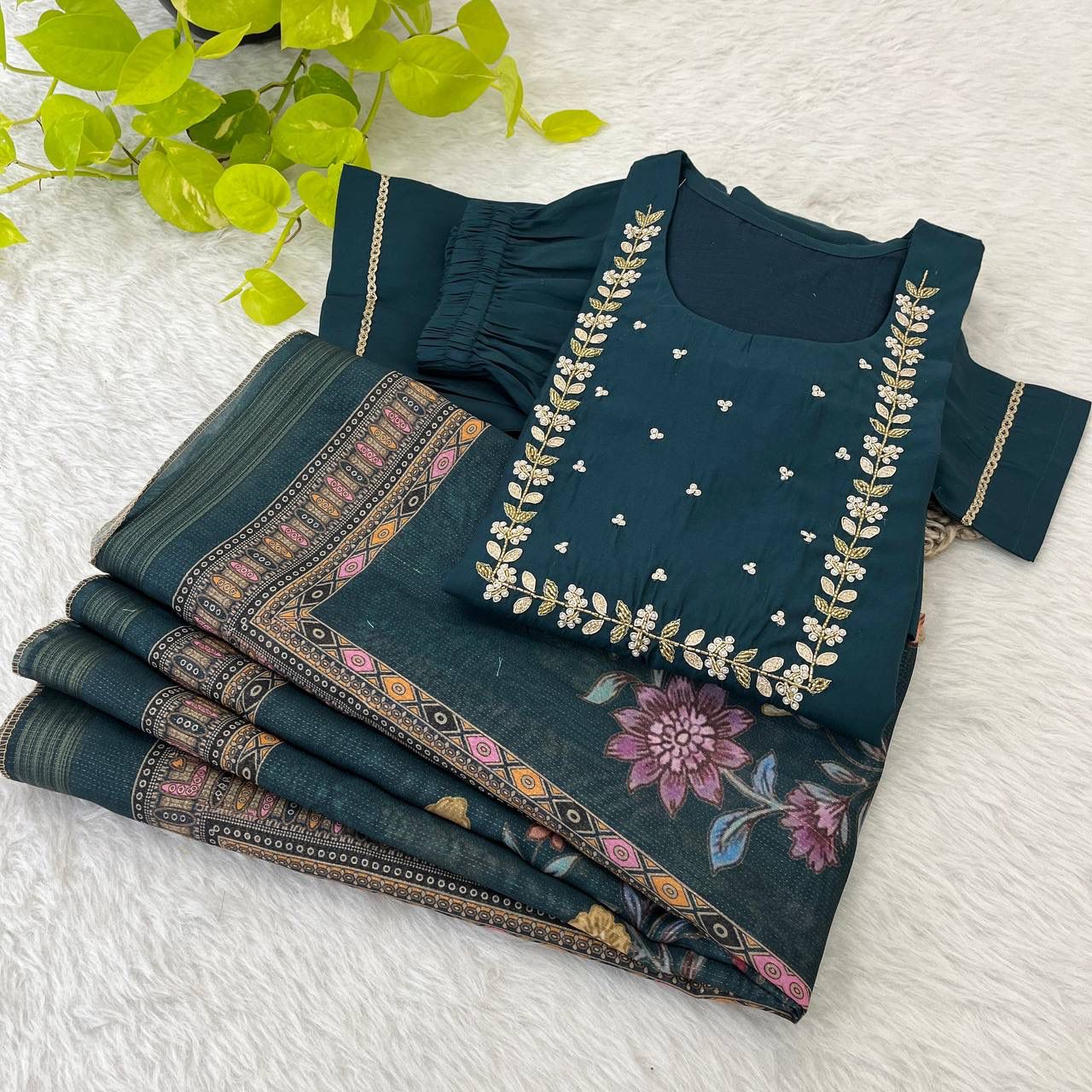 Graceful Roman Silk Handworked Anarkali Pant Suit With Dupatta - Ethnicwish