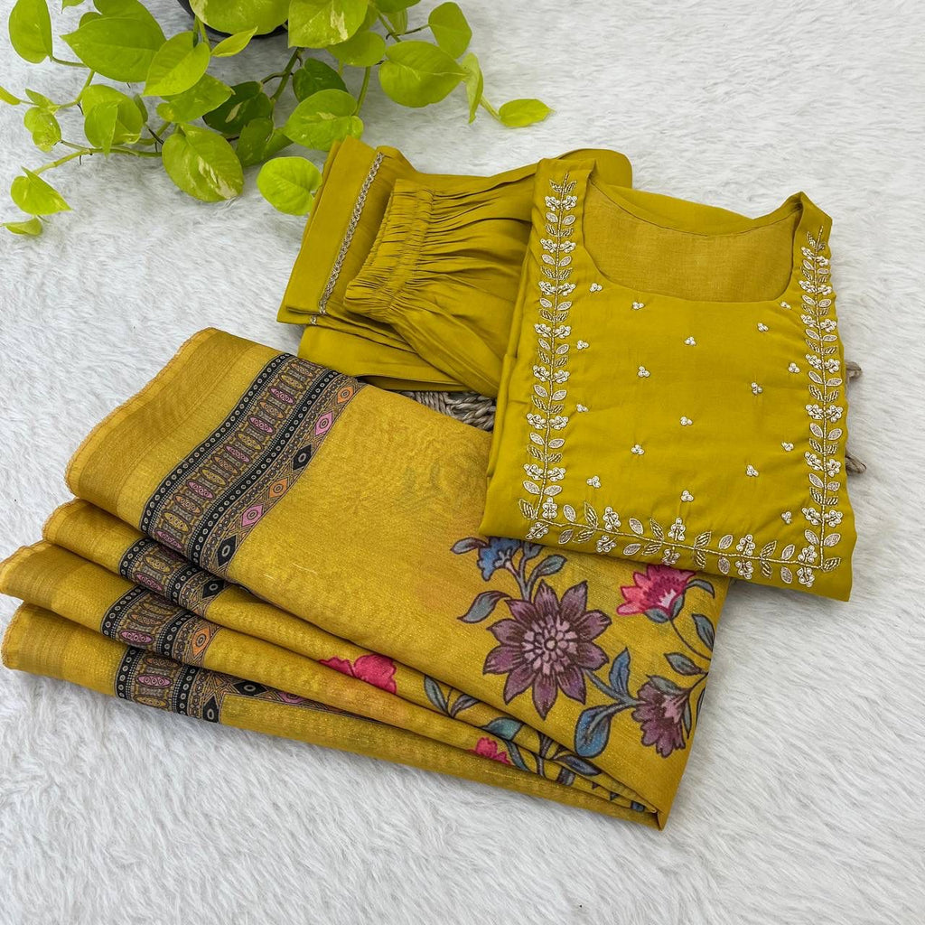 Graceful Roman Silk Handworked Anarkali Pant Suit With Dupatta - Ethnicwish