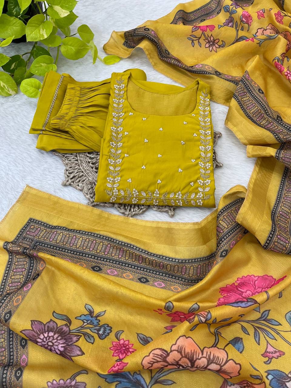 Graceful Roman Silk Handworked Anarkali Pant Suit With Dupatta - Ethnicwish