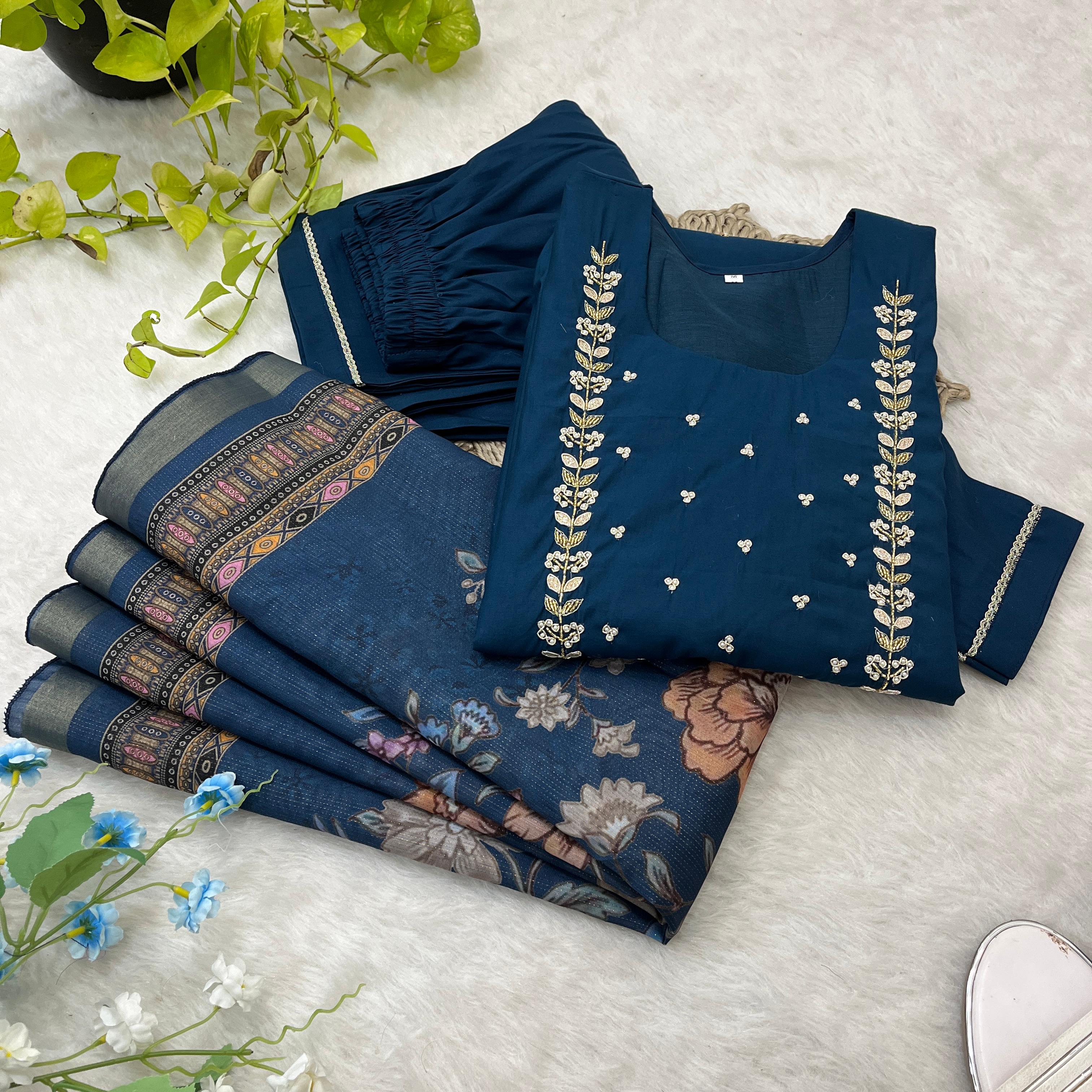 Graceful Roman Silk Handworked Anarkali Pant Suit With Dupatta - Ethnicwish