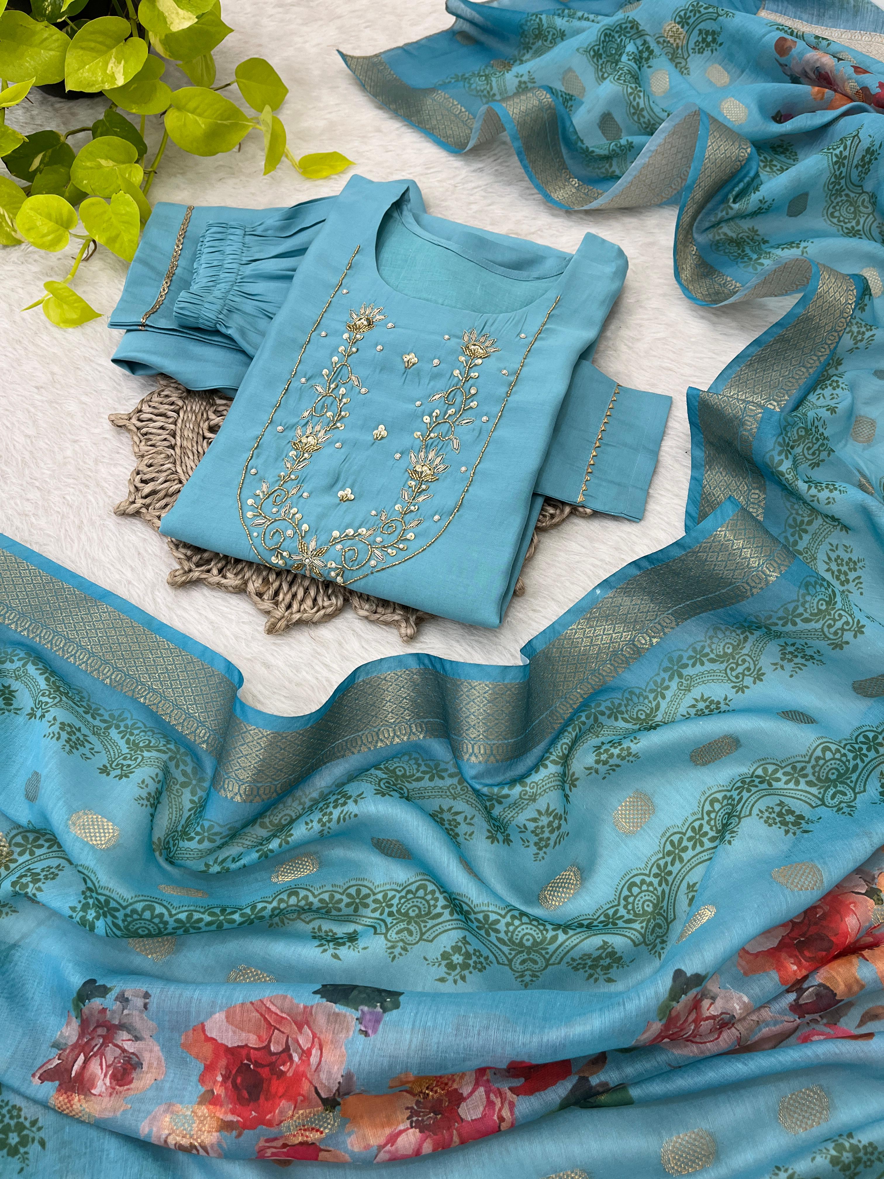 Spectacular Roman Silk Handcrafted Festive Wear Anarkali Pant Suit - Ethnicwish