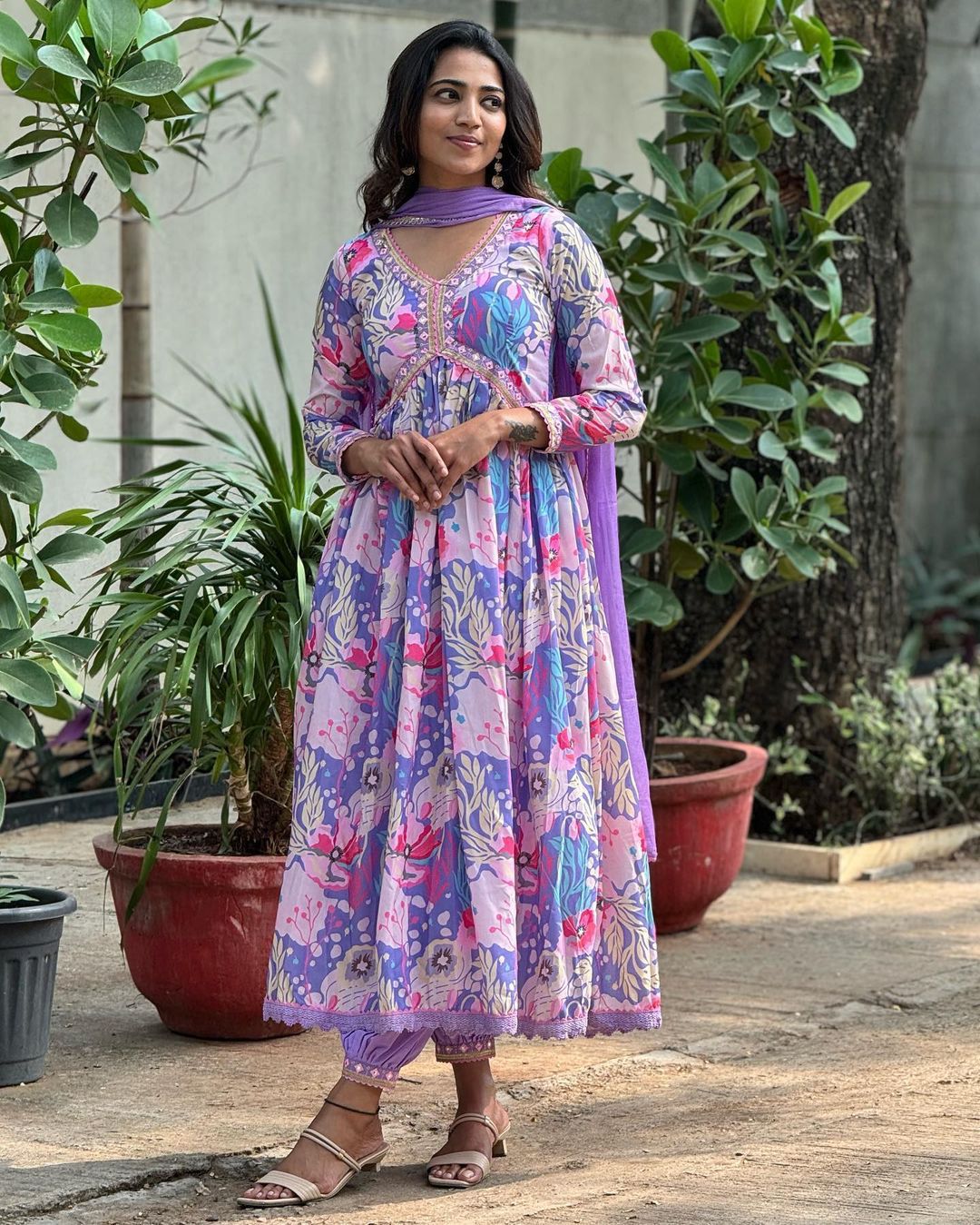 Spectacular Soft Cotton Printed Handworked Anarkali Pant Suit - Ethnicwish
