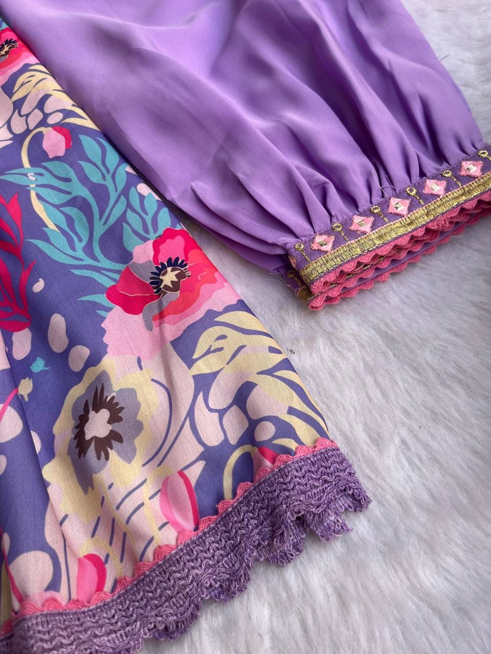 Spectacular Soft Cotton Printed Handworked Anarkali Pant Suit - Ethnicwish