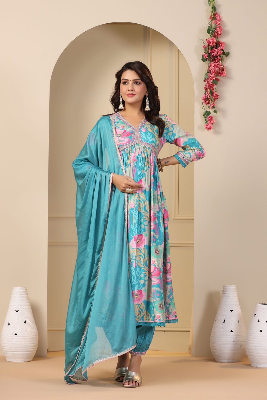 Spectacular Soft Cotton Printed Handworked Anarkali Pant Suit - Ethnicwish