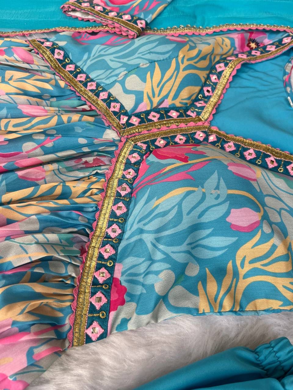 Spectacular Soft Cotton Printed Handworked Anarkali Pant Suit - Ethnicwish