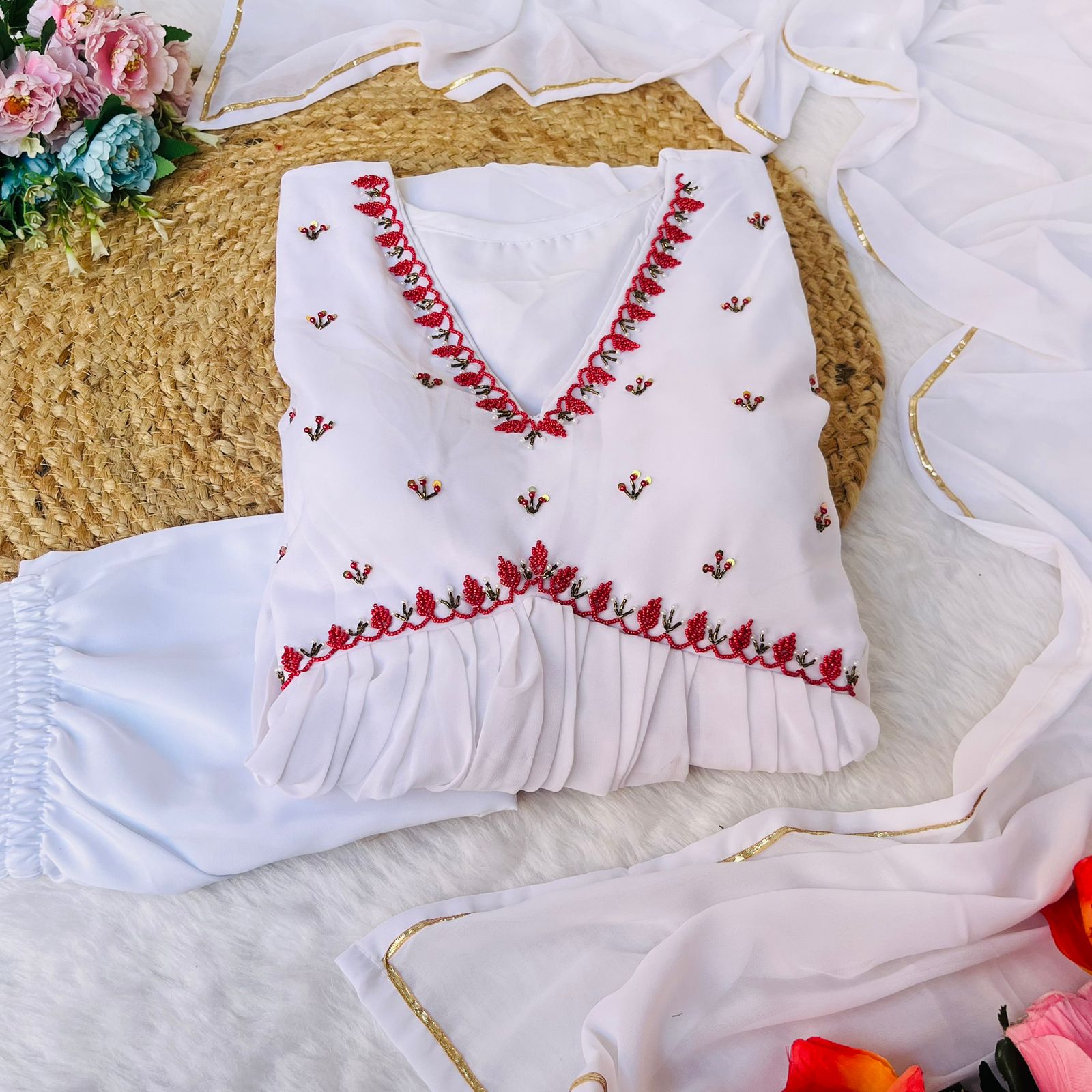 Exquisite Faux Georgette Festive Wear Handworked Suit - Ethnicwish