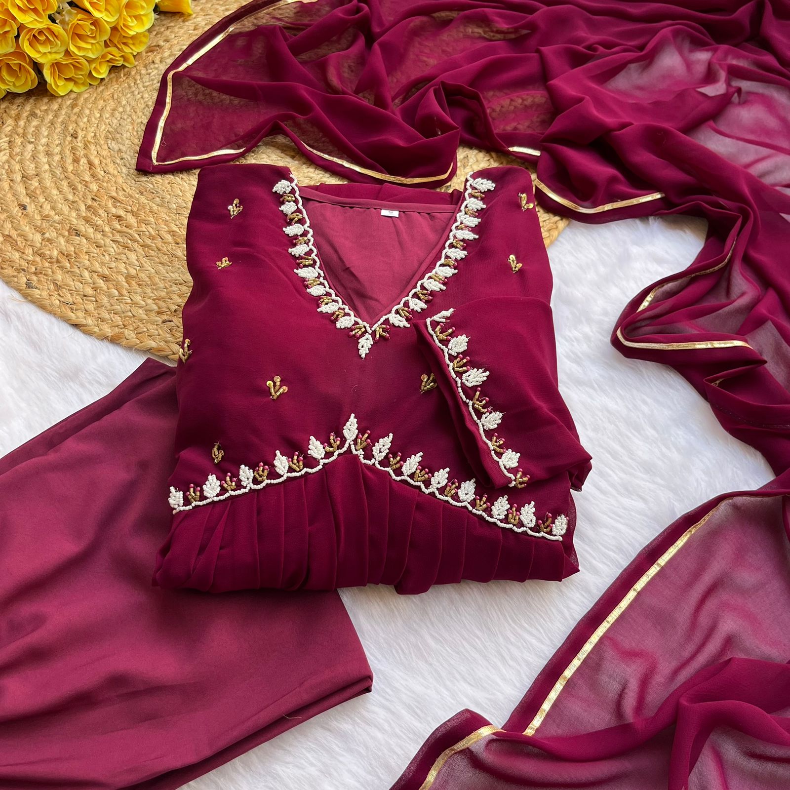 Exquisite Faux Georgette Festive Wear Handworked Suit - Ethnicwish