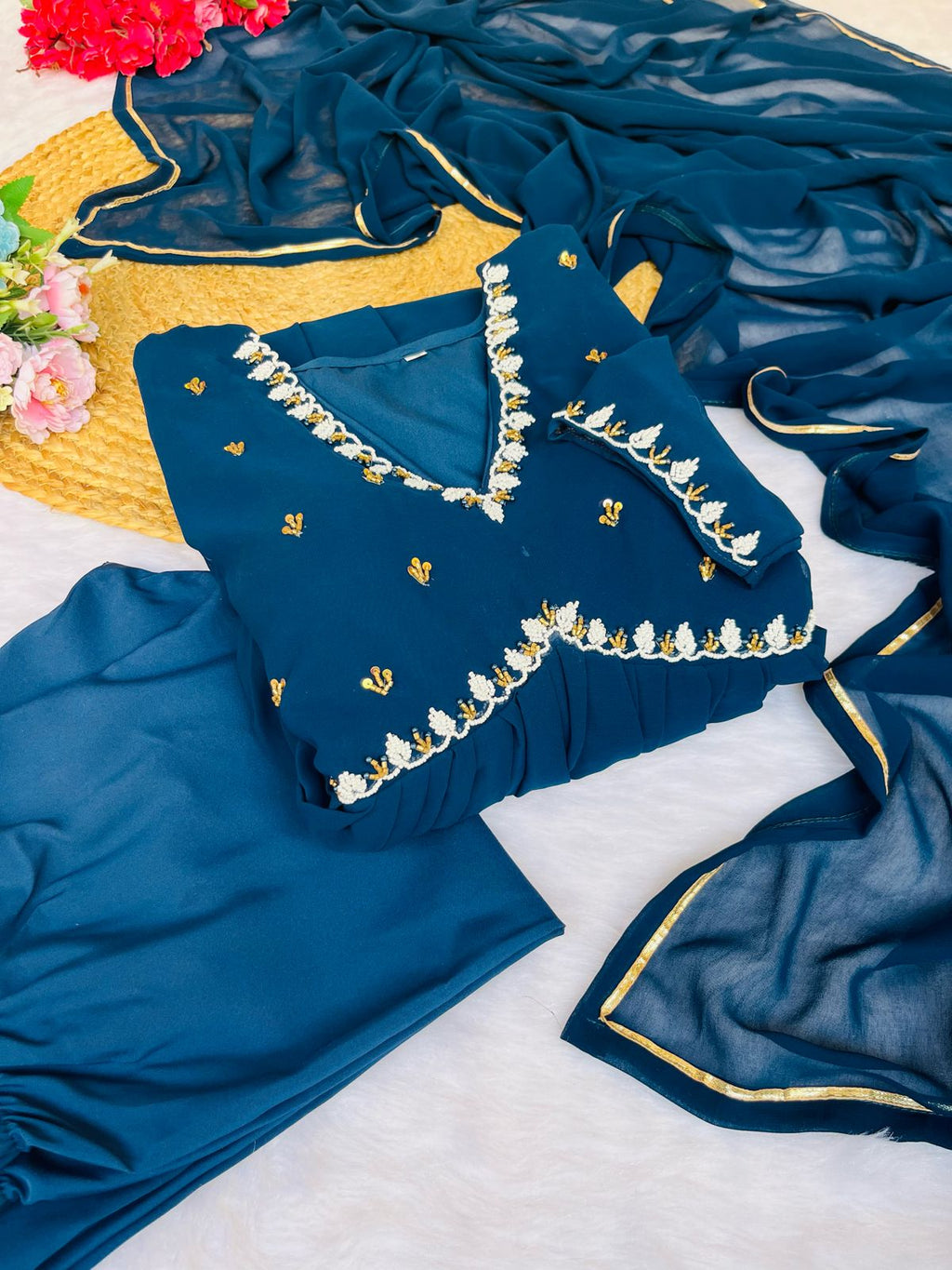 Exquisite Faux Georgette Festive Wear Handworked Suit - Ethnicwish