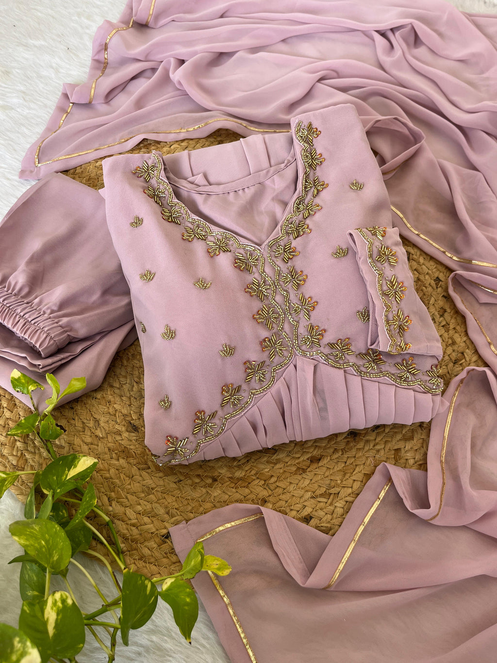 Alluring baby Pink Faux Georgette Handworked Anarkali Pant Suit - Ethnicwish