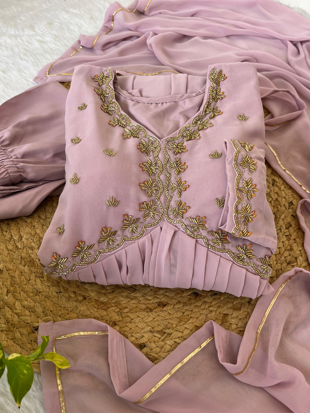 Alluring baby Pink Faux Georgette Handworked Anarkali Pant Suit - Ethnicwish