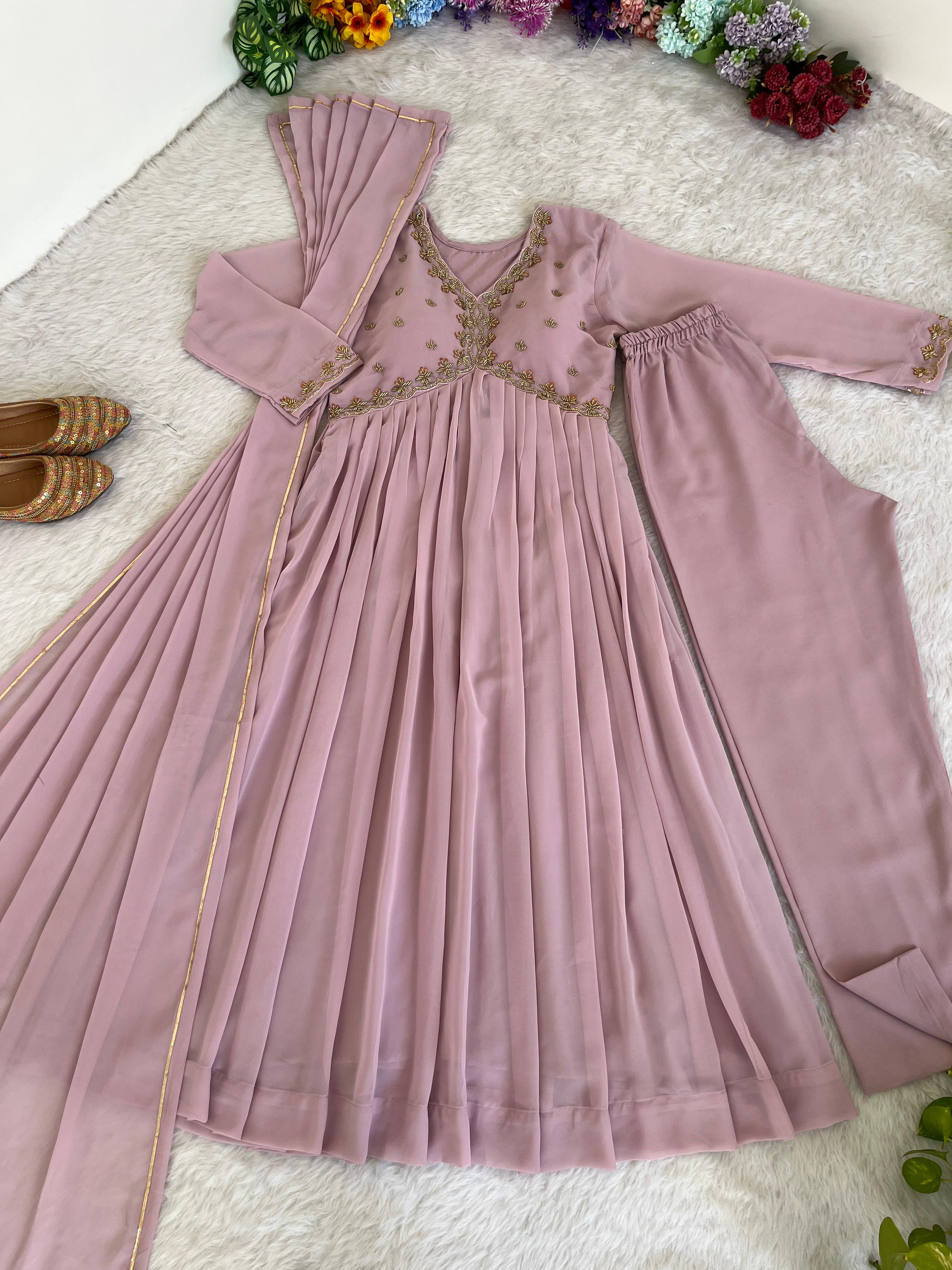 Alluring baby Pink Faux Georgette Handworked Anarkali Pant Suit - Ethnicwish