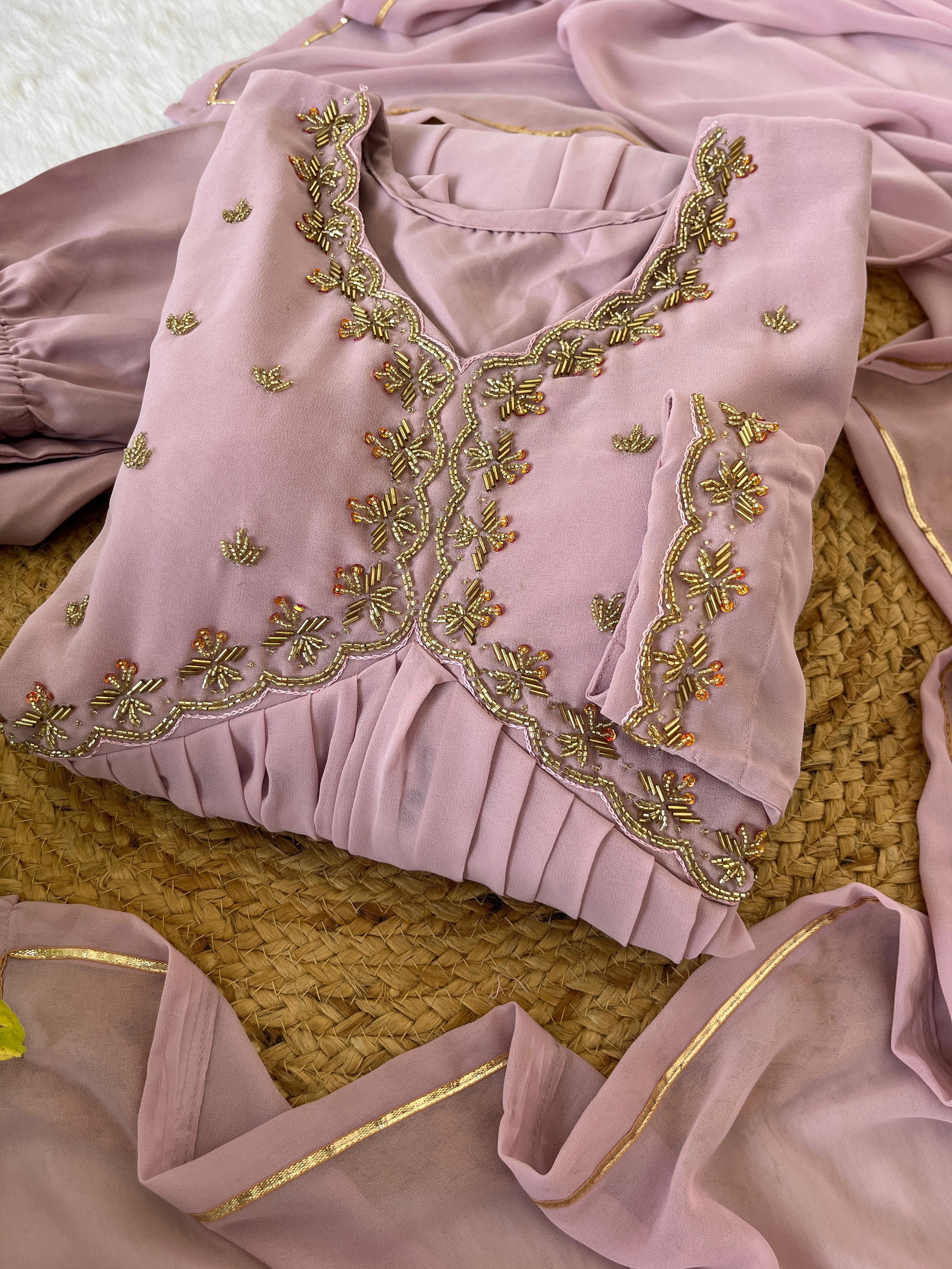 Alluring baby Pink Faux Georgette Handworked Anarkali Pant Suit - Ethnicwish