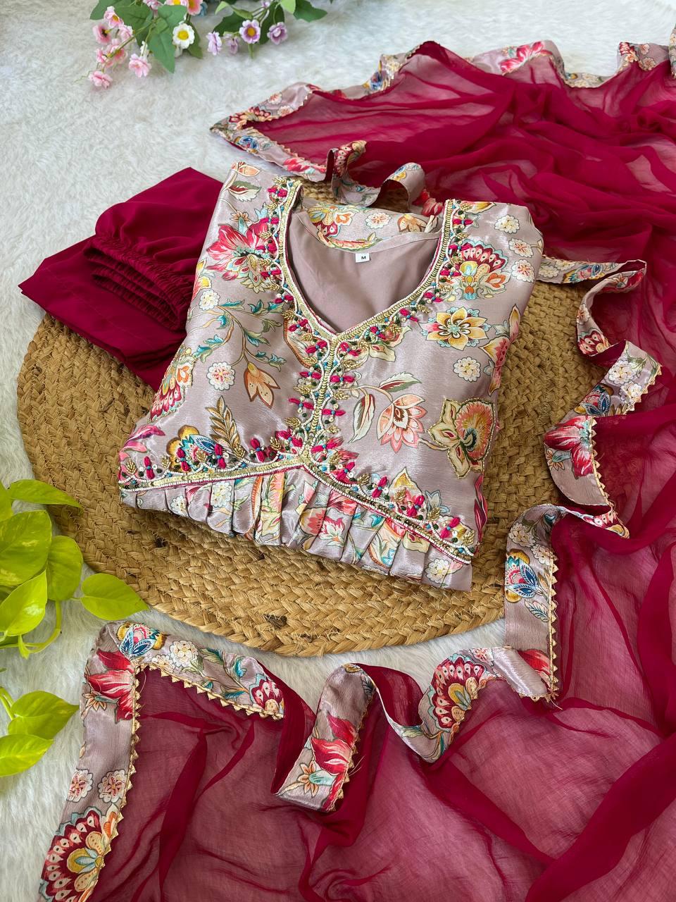 Alluring Soft Chinon Floral Printed Handworked Festival Wear Suit - Ethnicwish