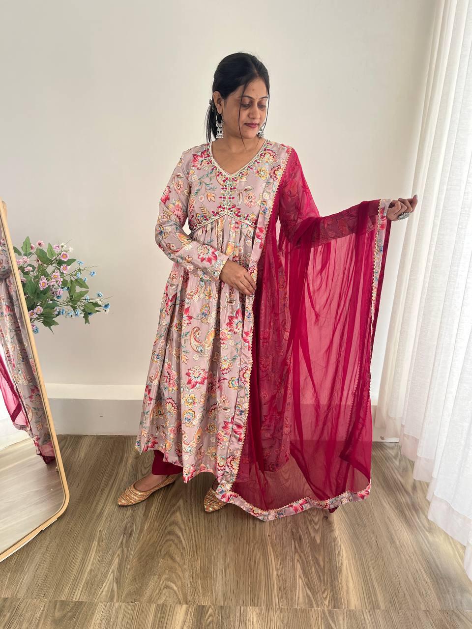 Alluring Soft Chinon Floral Printed Handworked Festival Wear Suit - Ethnicwish