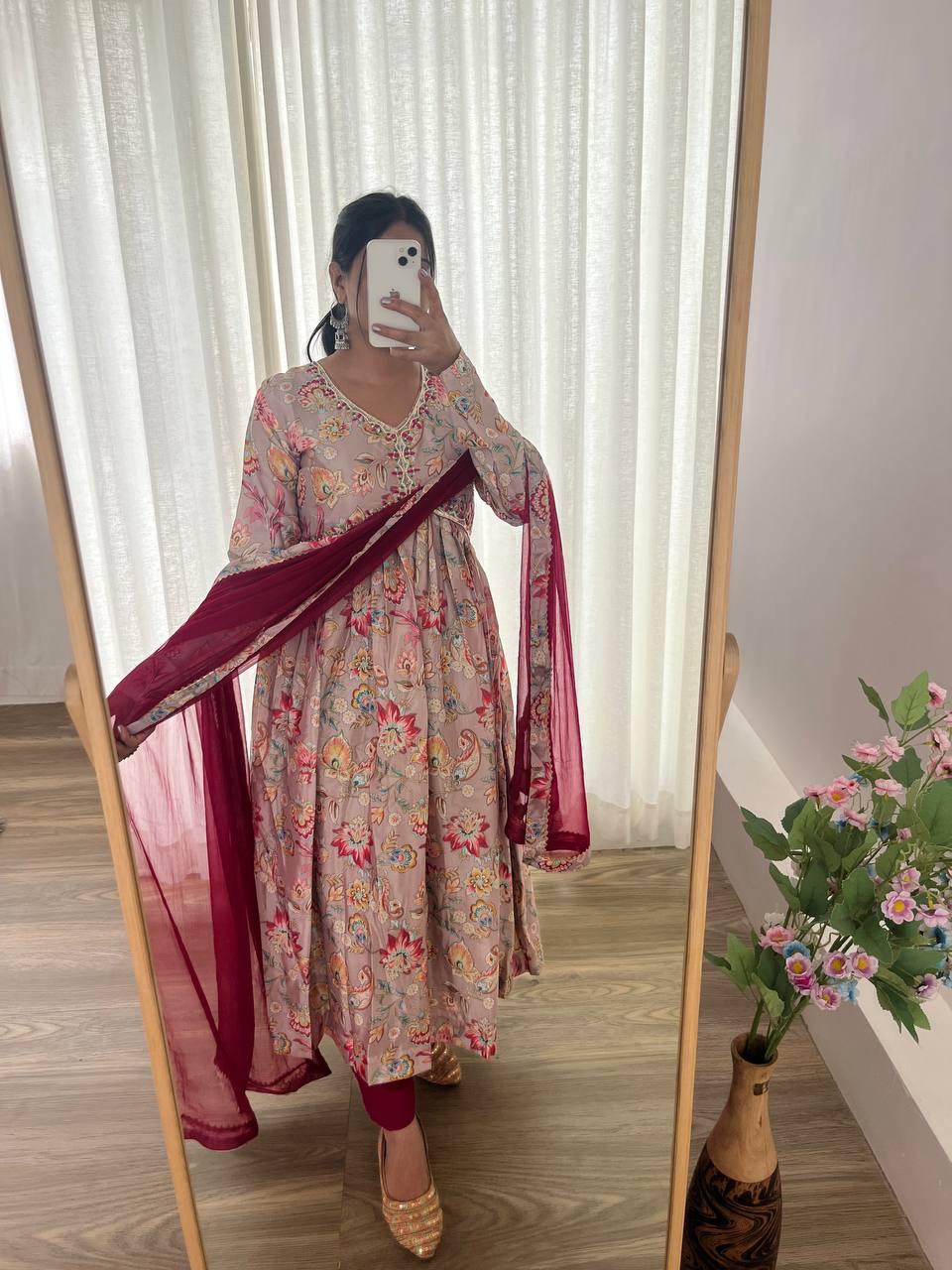 Alluring Soft Chinon Floral Printed Handworked Festival Wear Suit - Ethnicwish