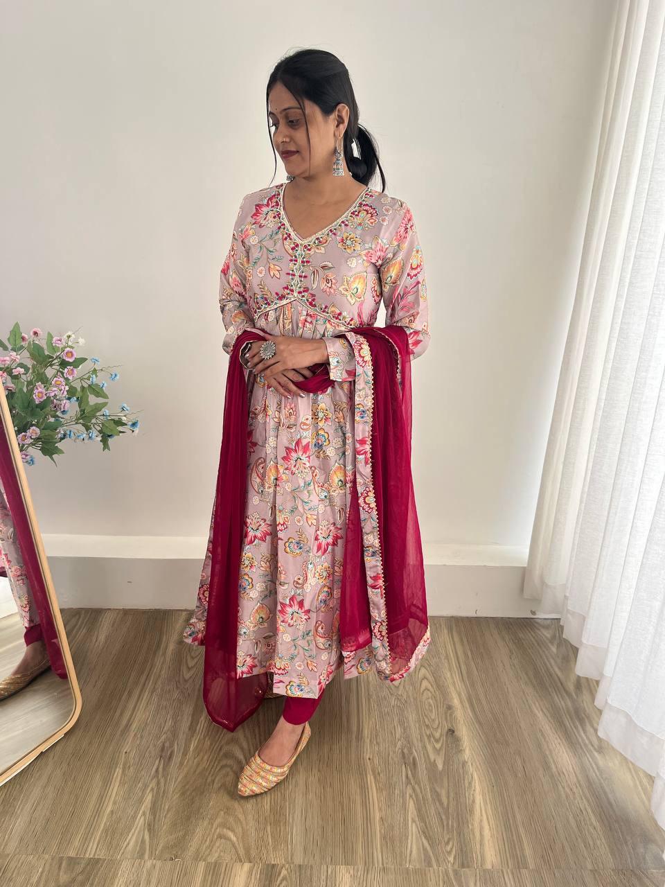 Alluring Soft Chinon Floral Printed Handworked Festival Wear Suit - Ethnicwish