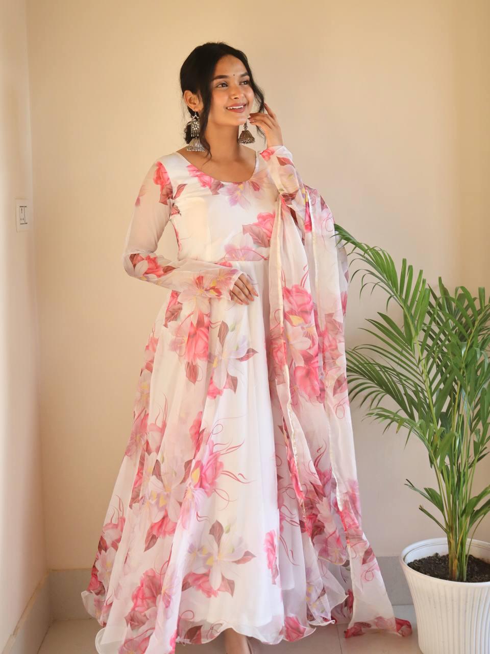 Breathtaking White Floral Digital Printed Organza Silk Anarkali Pant Suit - Ethnicwish