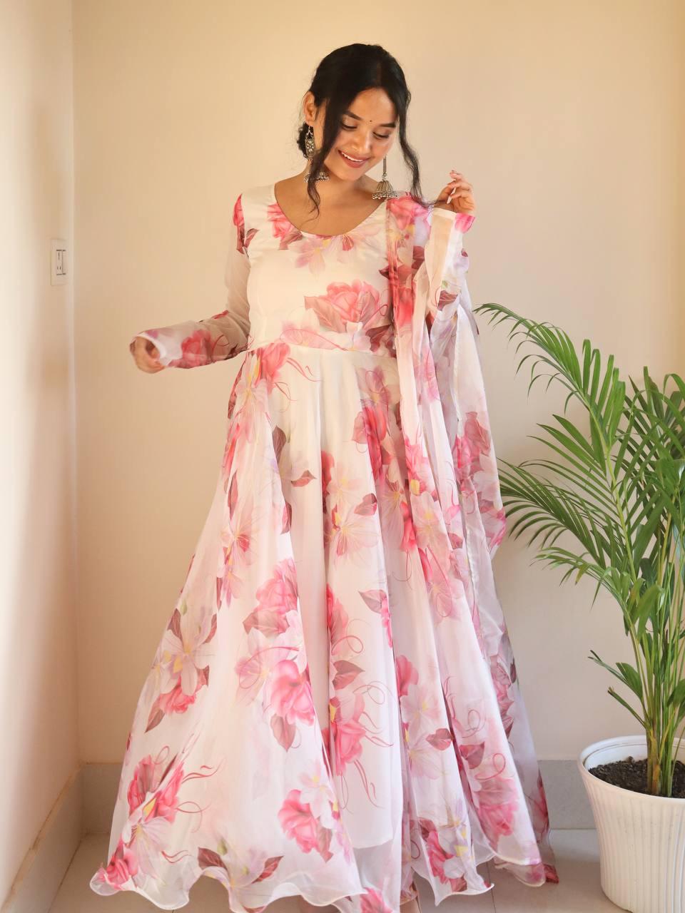 Breathtaking White Floral Digital Printed Organza Silk Anarkali Pant Suit - Ethnicwish