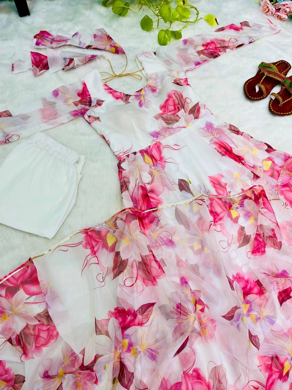 Breathtaking White Floral Digital Printed Organza Silk Anarkali Pant Suit - Ethnicwish