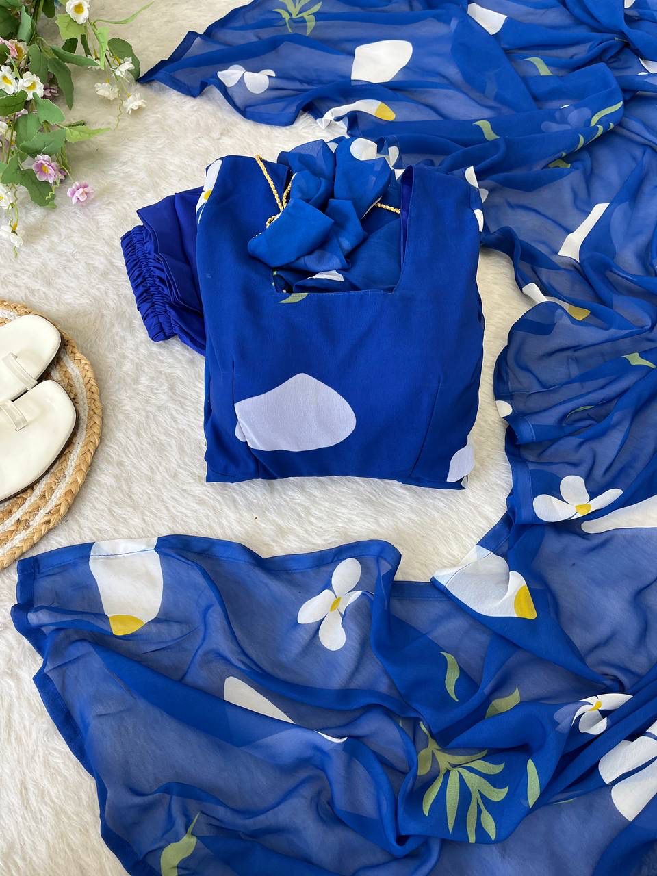 Delightful Blue Faux Georgette Floral Printed Anarkali Pant Suit - Ethnicwish