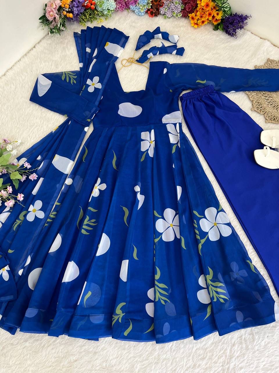 Delightful Blue Faux Georgette Floral Printed Anarkali Pant Suit - Ethnicwish