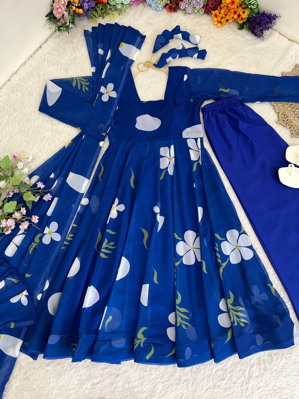 Delightful Blue Faux Georgette Floral Printed Anarkali Pant Suit - Ethnicwish
