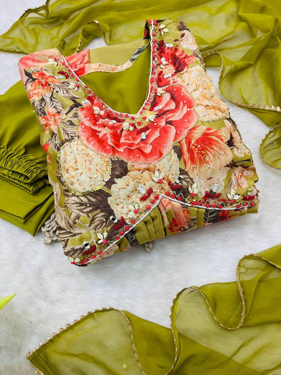 Fabulous Green Soft Chinon Floral Printed Handworked Festive Wear Suit - Ethnicwish