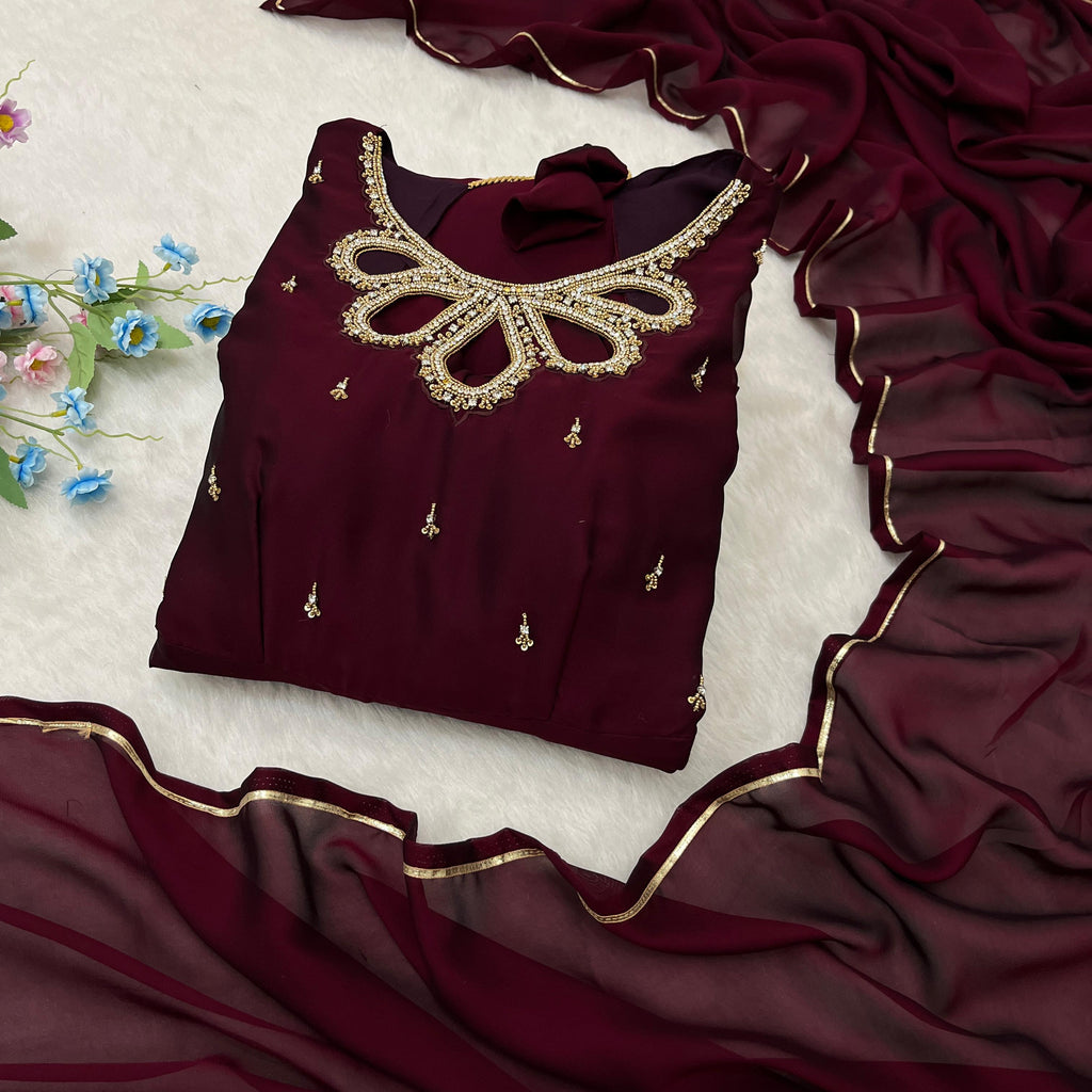 Fabulous Wine Rangoli Georgette Fancy Neck Handworked Gown - Ethnicwish