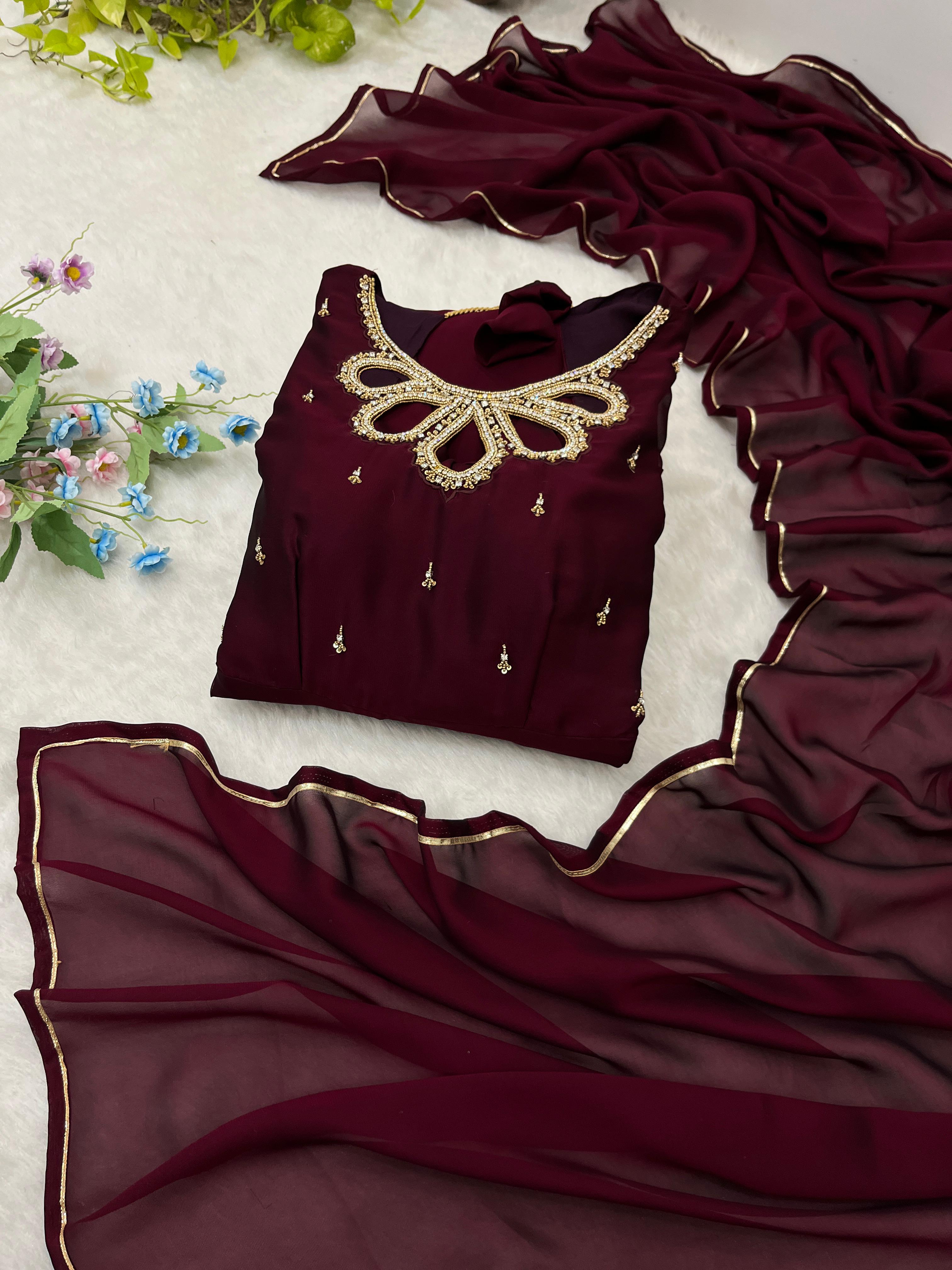 Fabulous Wine Rangoli Georgette Fancy Neck Handworked Gown - Ethnicwish