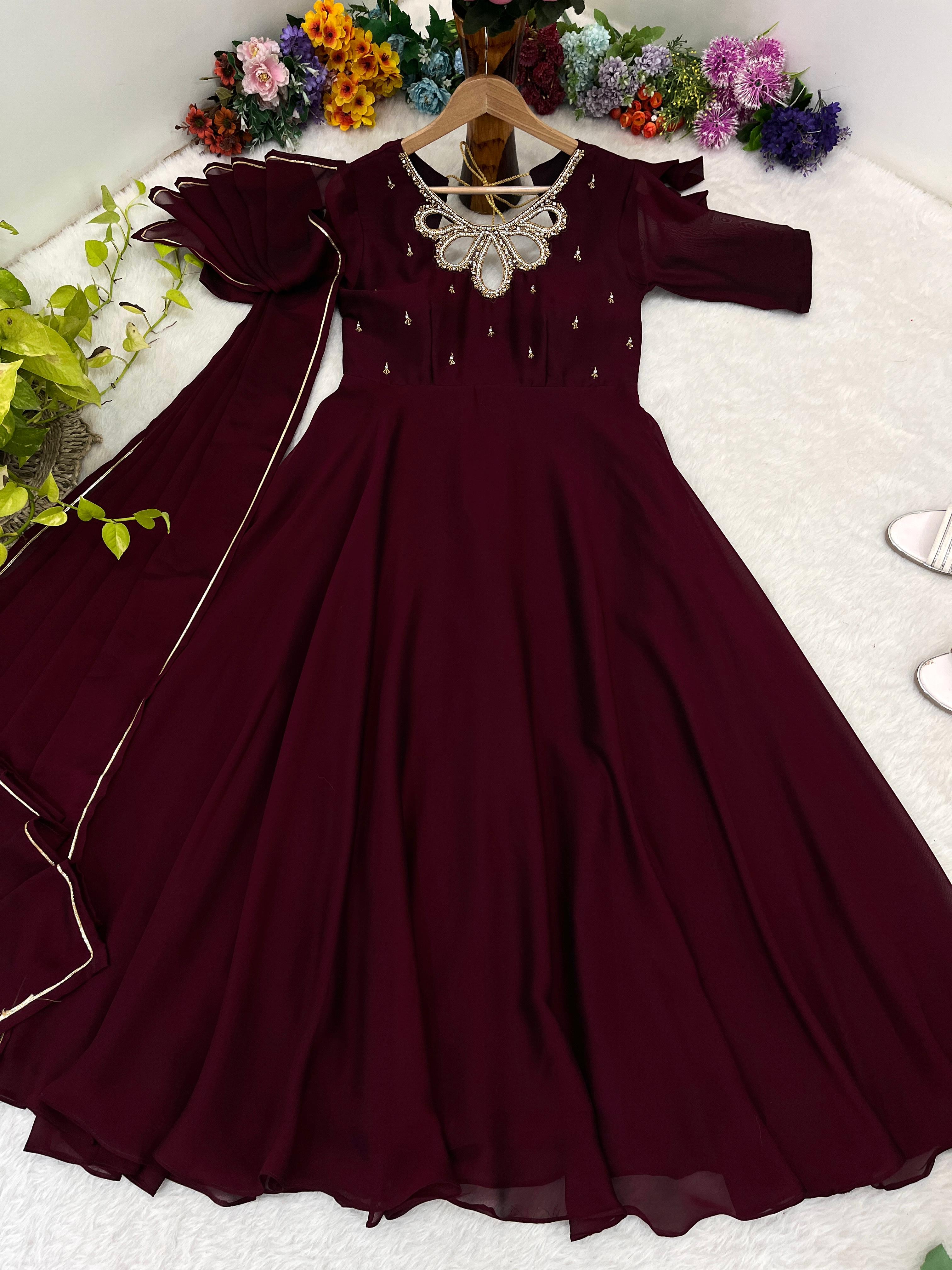 Fabulous Wine Rangoli Georgette Fancy Neck Handworked Gown - Ethnicwish