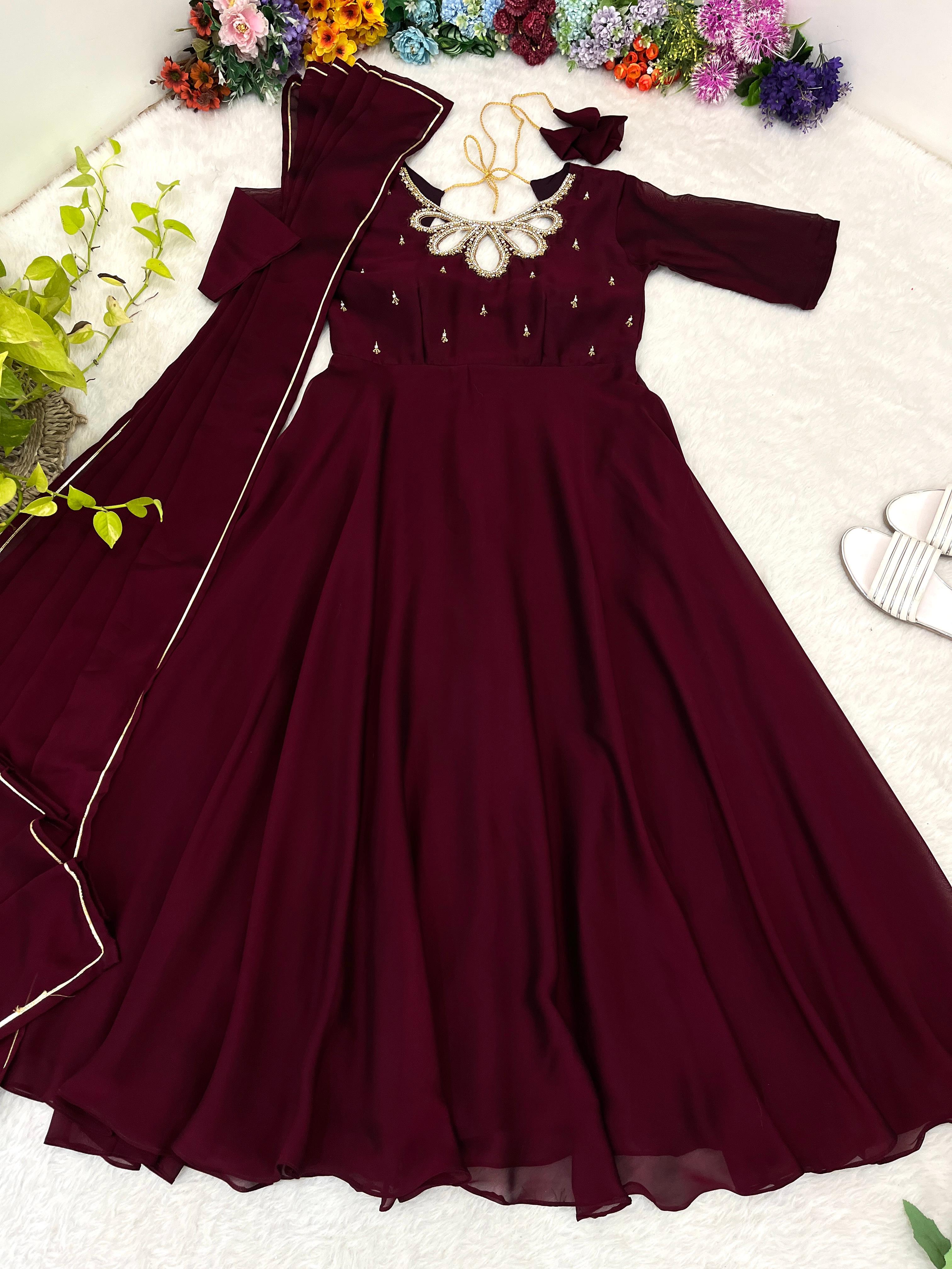 Fabulous Wine Rangoli Georgette Fancy Neck Handworked Gown - Ethnicwish