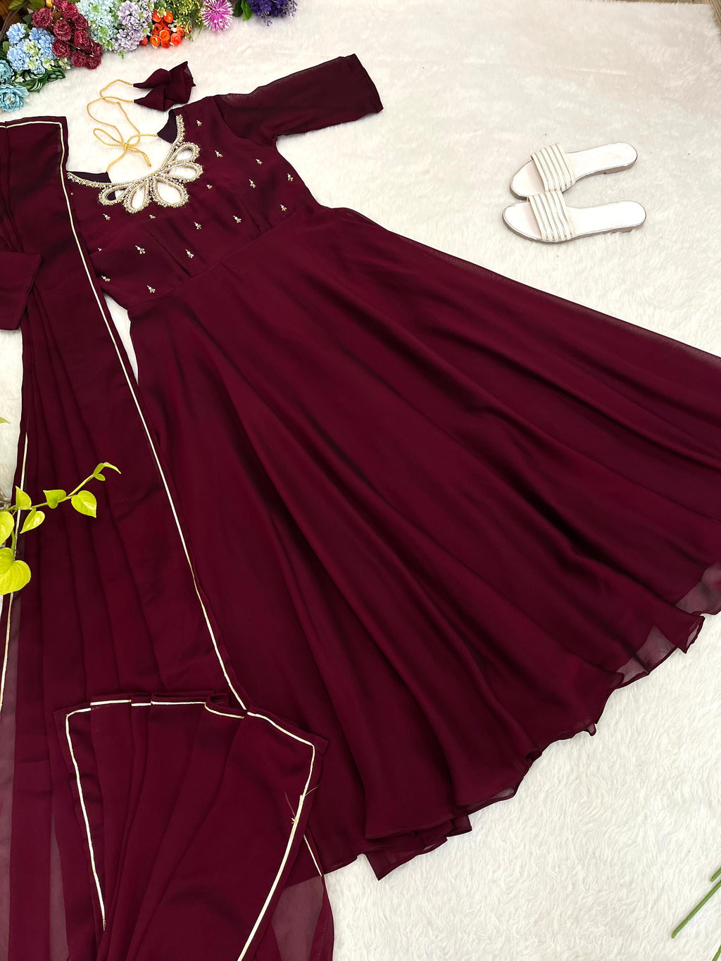 Fabulous Wine Rangoli Georgette Fancy Neck Handworked Gown - Ethnicwish