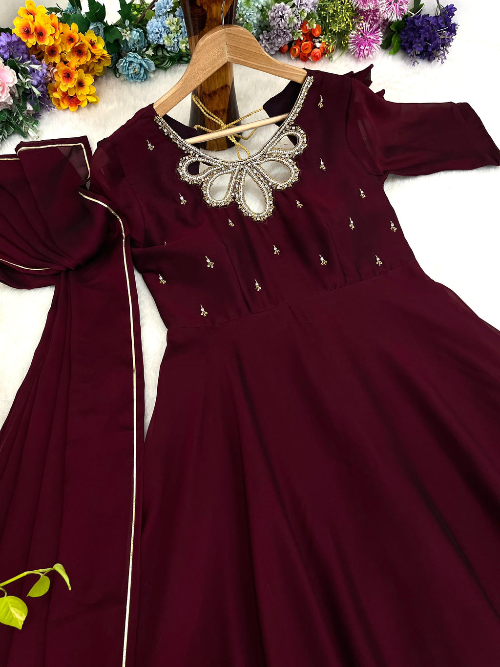 Fabulous Wine Rangoli Georgette Fancy Neck Handworked Gown - Ethnicwish