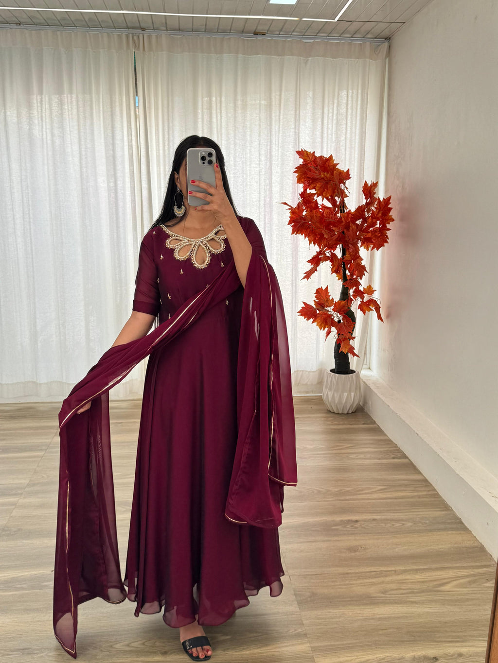 Fabulous Wine Rangoli Georgette Fancy Neck Handworked Gown - Ethnicwish