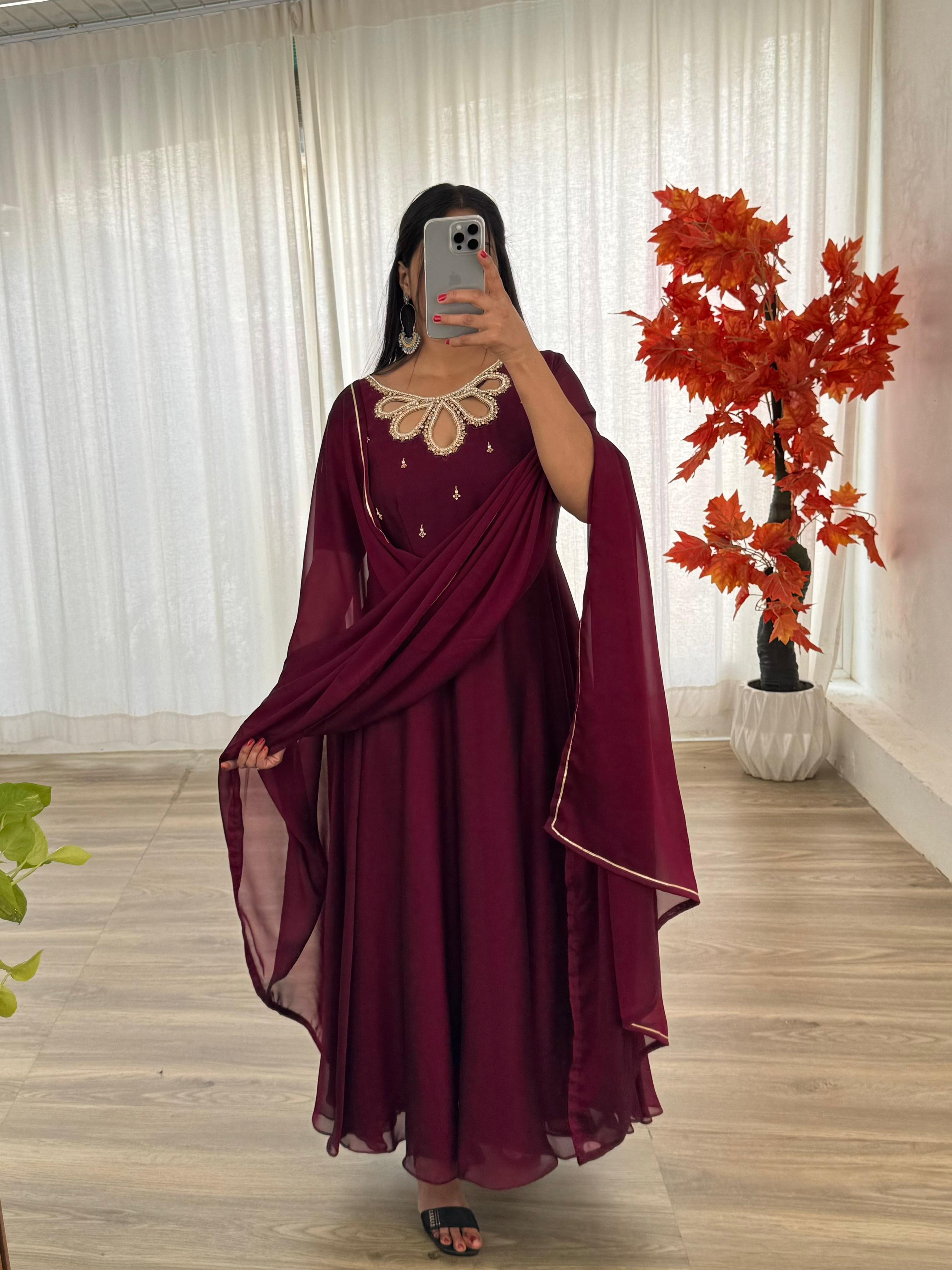 Fabulous Wine Rangoli Georgette Fancy Neck Handworked Gown - Ethnicwish