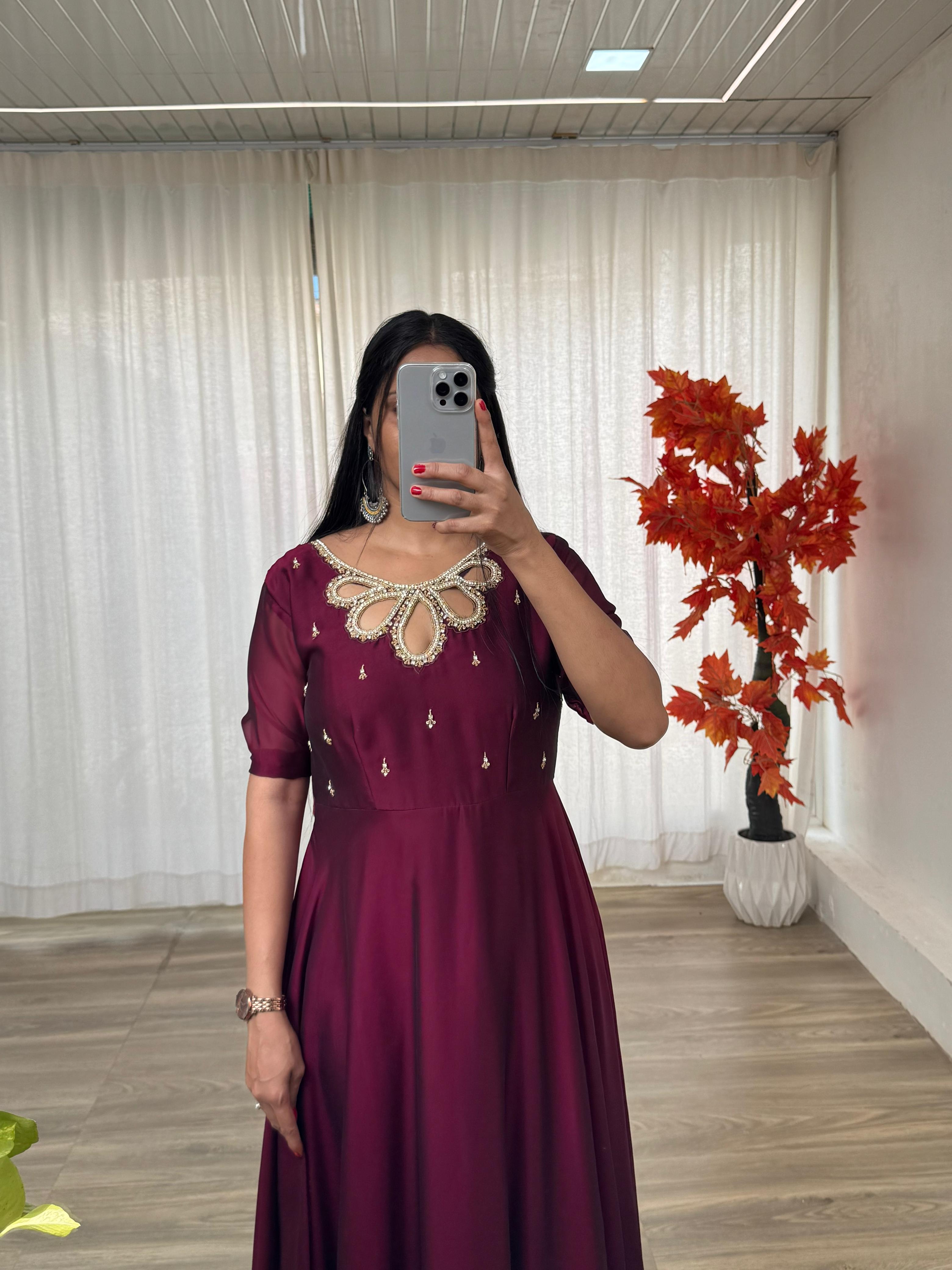 Fabulous Wine Rangoli Georgette Fancy Neck Handworked Gown - Ethnicwish
