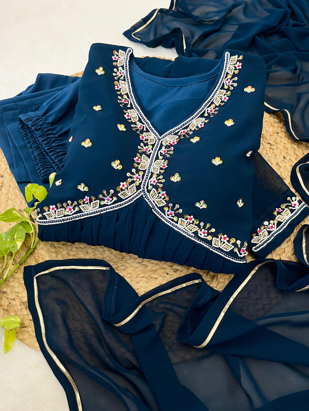 Graceful Navy Blue Faux Georgette Handworked Anarkali Pant Suit - Ethnicwish