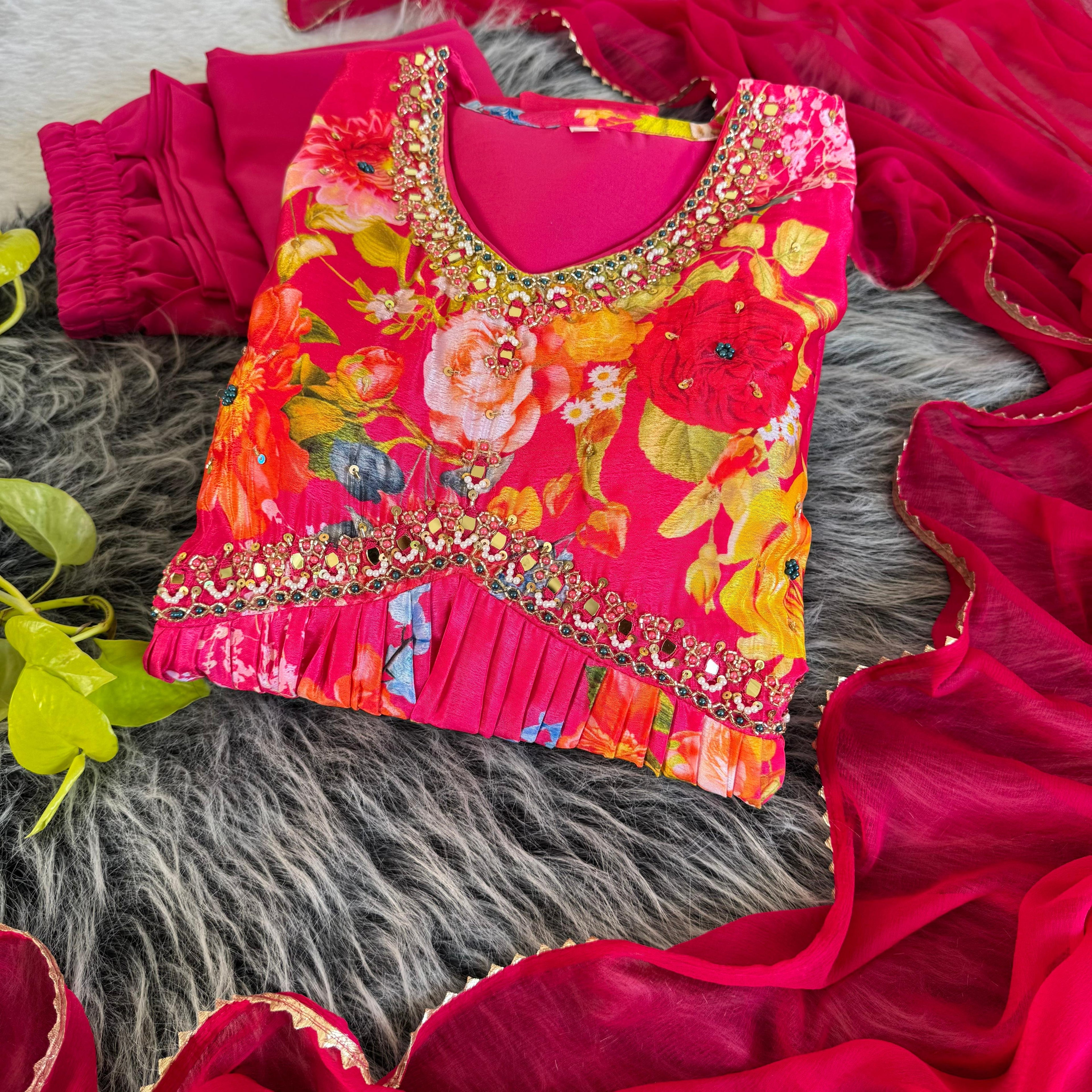 Graceful Pink Floral Printed Handworked Anarkali Pant Suit - Ethnicwish