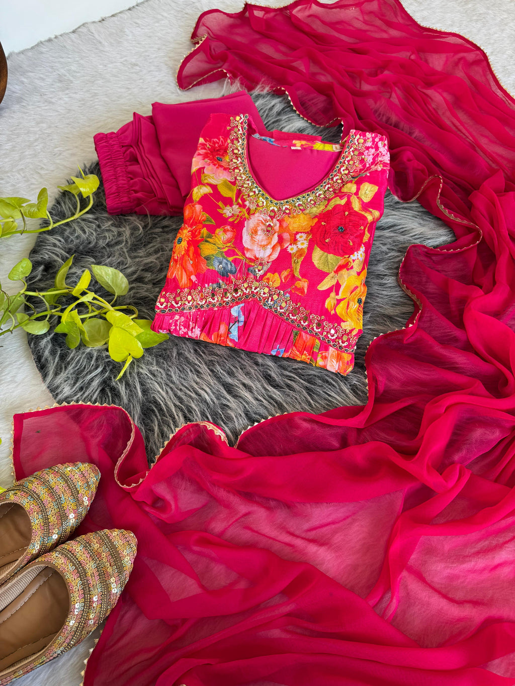 Graceful Pink Floral Printed Handworked Anarkali Pant Suit - Ethnicwish